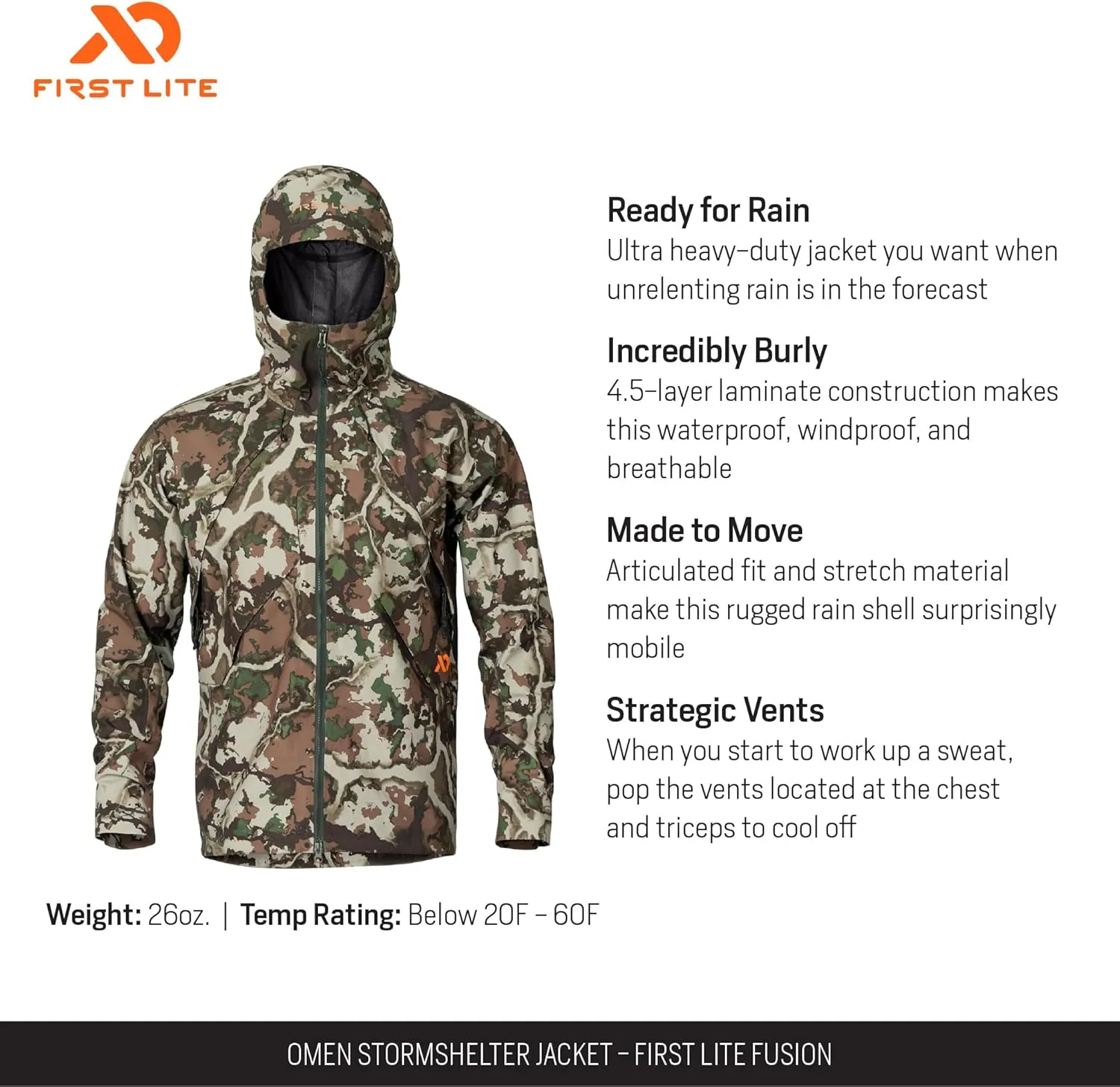 First Lite Men's Omen Stormshelter Jacket - Waterproof Durable Camo Hunting Rain Shell
