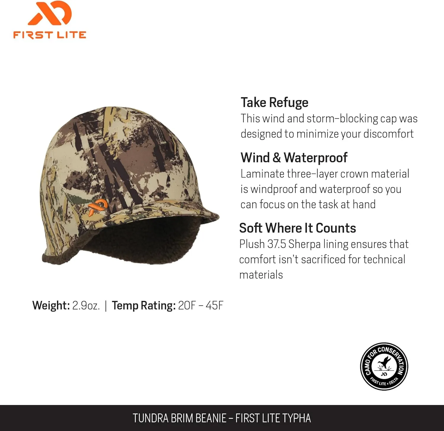 First Lite Tundra Brim Beanie - Warm Fleece Camo Hunting Hat