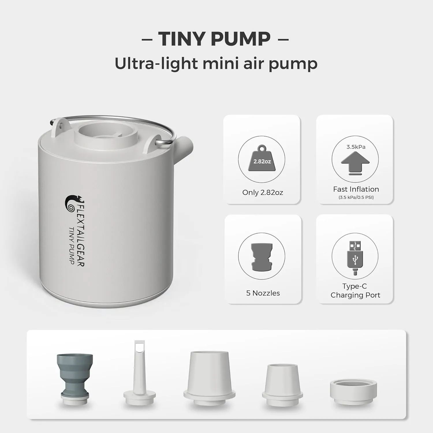 FLEXTAILGEAR Tiny Pump Portable Air Pump Ultra-Mini Air Pump with 1300mAh Battery USB Rechargeable to Inflate Deflate for Pool Floats Air Bed Air Mattress Swimming Ring Vacuum Storage Bags(Light Gray)