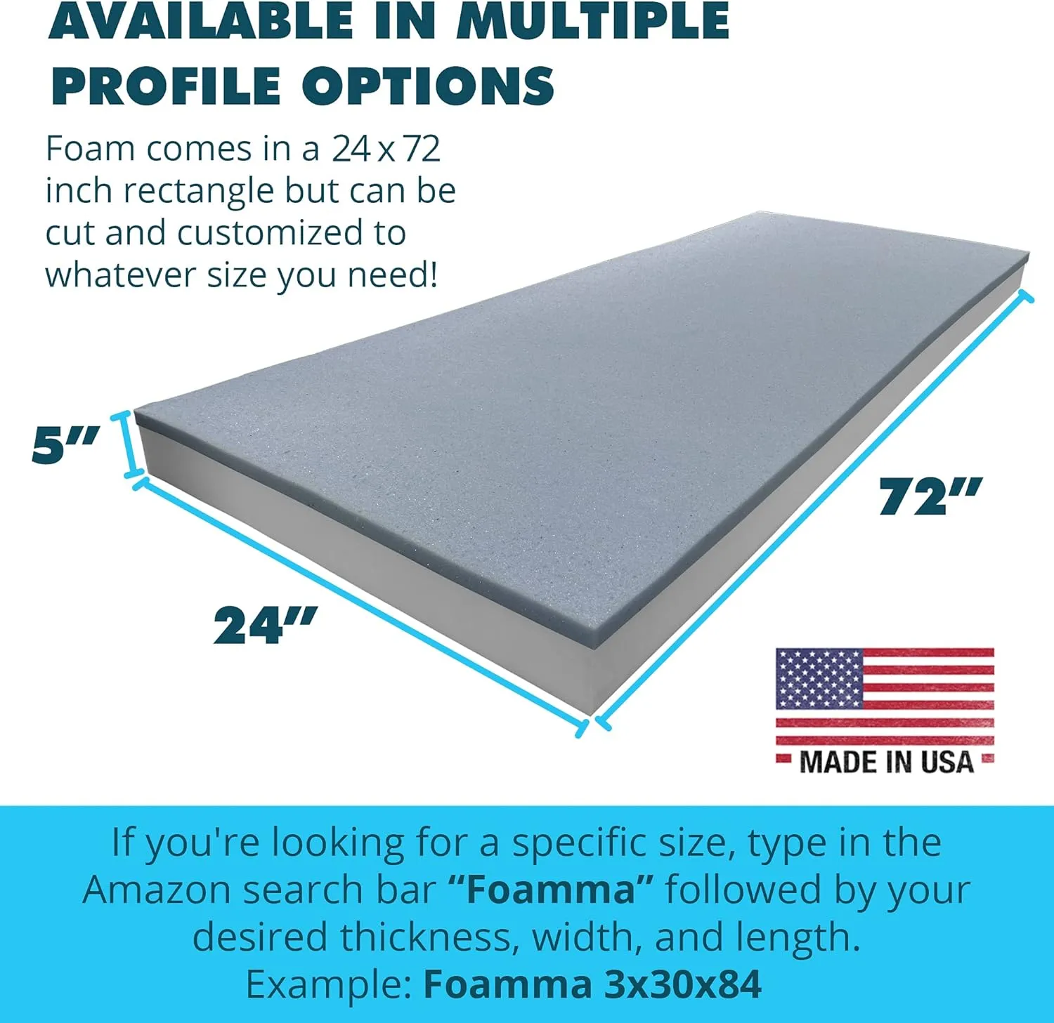 Foamma 5" x 24" x 72" Gel Memory Foam, High Density Base, Cooling Pressure Relief Cushion, Couch Filler Stuffing, Chair Padding, Memory Foam for Couch Cushions