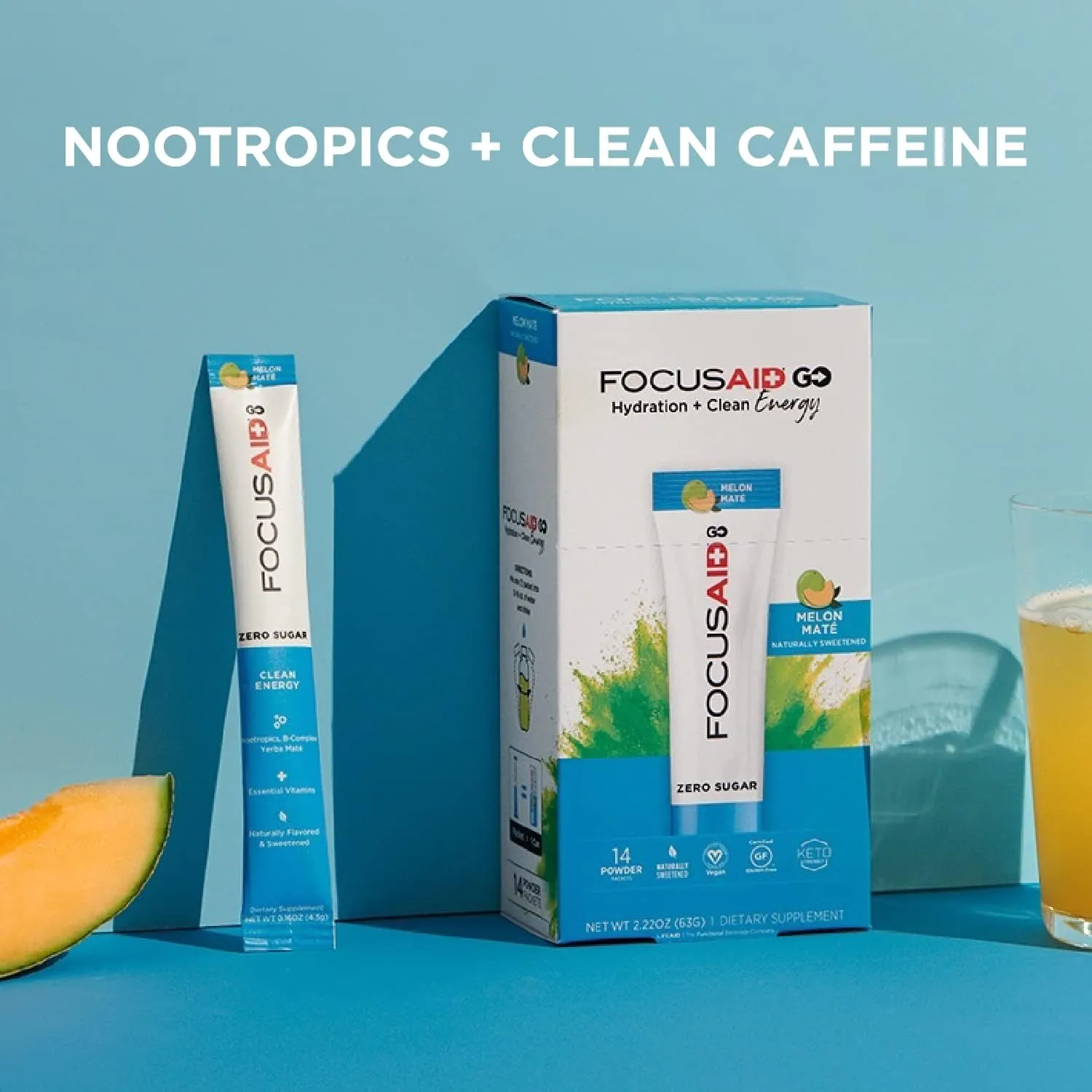 FOCUSAID GO Nootropics Energy Blend, Zero Sugar, Alpha-GPC, GABA, B-Complex, Yerba Mate, Green Tea, Keto Friendly, 100mg Natural Caffeine (Pack of 14)