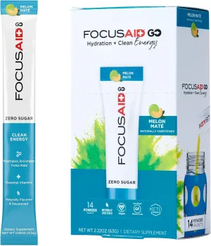FOCUSAID GO Nootropics Energy Blend, Zero Sugar, Alpha-GPC, GABA, B-Complex, Yerba Mate, Green Tea, Keto Friendly, 100mg Natural Caffeine (Pack of 14)