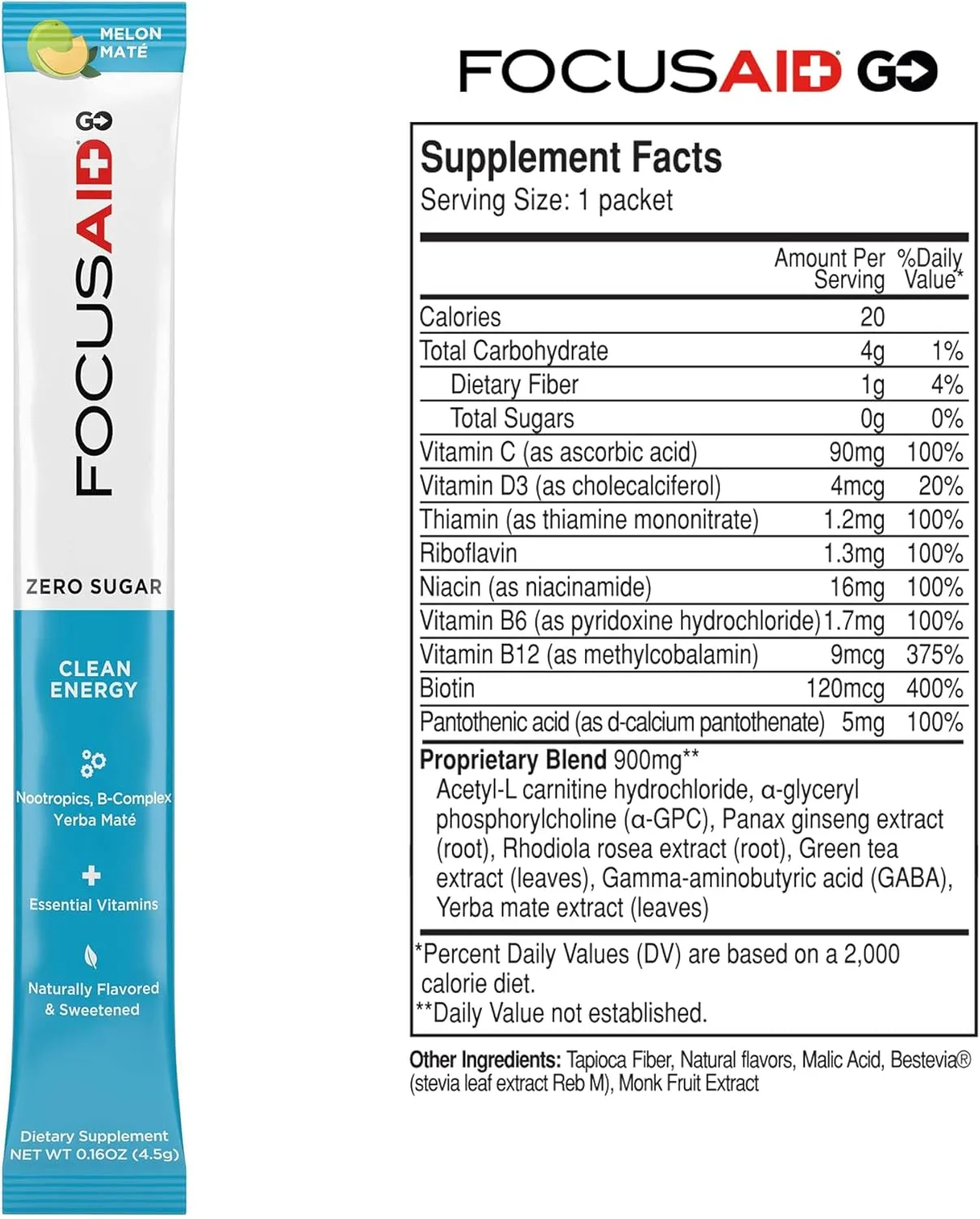 FOCUSAID GO Nootropics Energy Blend, Zero Sugar, Alpha-GPC, GABA, B-Complex, Yerba Mate, Green Tea, Keto Friendly, 100mg Natural Caffeine (Pack of 14)