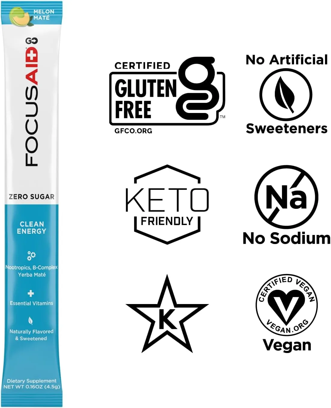 FOCUSAID GO Nootropics Energy Blend, Zero Sugar, Alpha-GPC, GABA, B-Complex, Yerba Mate, Green Tea, Keto Friendly, 100mg Natural Caffeine (Pack of 14)