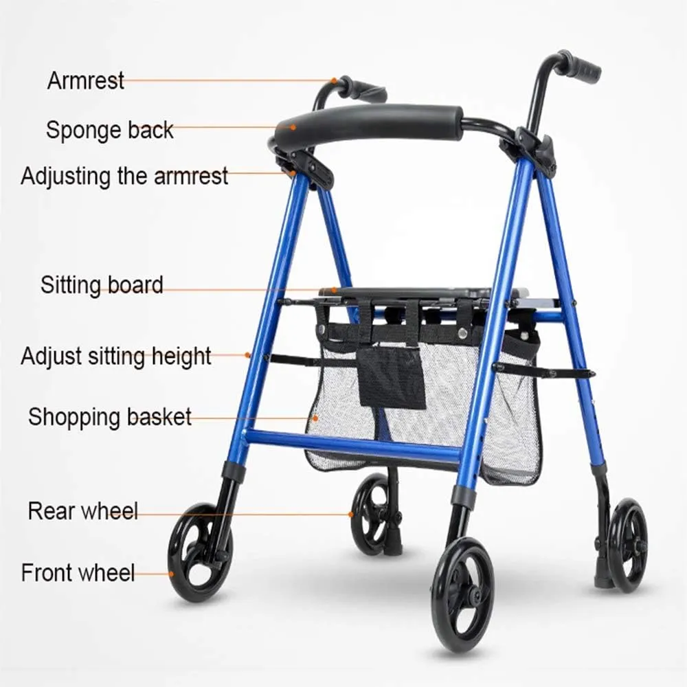 Folding Rollator Rollator Walker, Walking Frame 4 Wheel Foldable Compact Mobility Aids with Seat Bag Transport Walker Multi Use Walking Stick Elderly Disabled