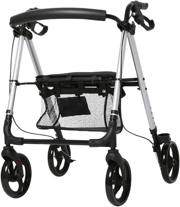 Folding Rollator Rollator Walker, Walking Frame 4 Wheel Foldable Compact Mobility Aids with Seat Bag Transport Walker Multi Use Walking Stick Elderly Disabled