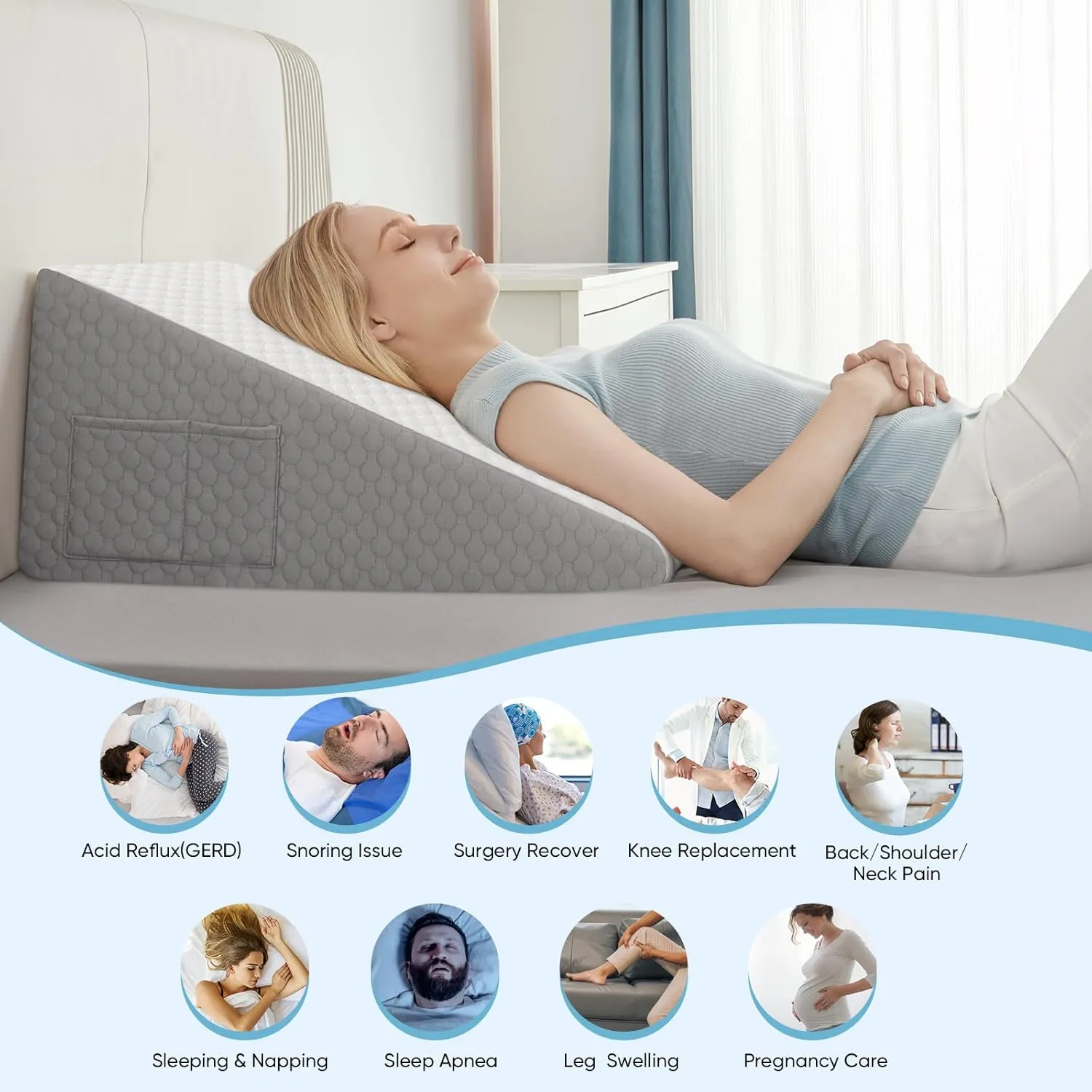 Forias Wedge Pillow for Acid Reflux Relief 12" Bed Wedge Pillow for Headboard Triangle Pillow Wedge for Sleeping Post Surgery Legs Back Pain Gerd Snoring, Soft Memory Foam Top & Washable Cover