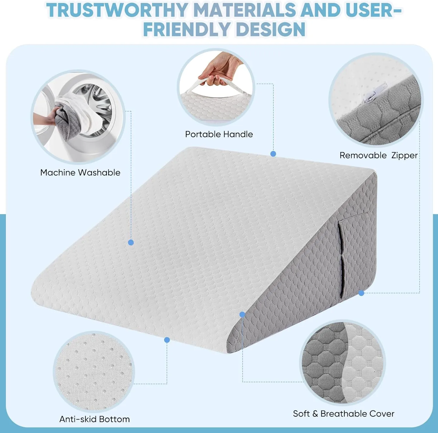 Forias Wedge Pillow for Acid Reflux Relief 12" Bed Wedge Pillow for Headboard Triangle Pillow Wedge for Sleeping Post Surgery Legs Back Pain Gerd Snoring, Soft Memory Foam Top & Washable Cover