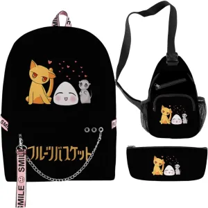 Fruits Basket Anime Merch Backpack Three-piece Sets Casual Fashion Bags Adjustable Travel Daypacks (Chain backpack Suit)