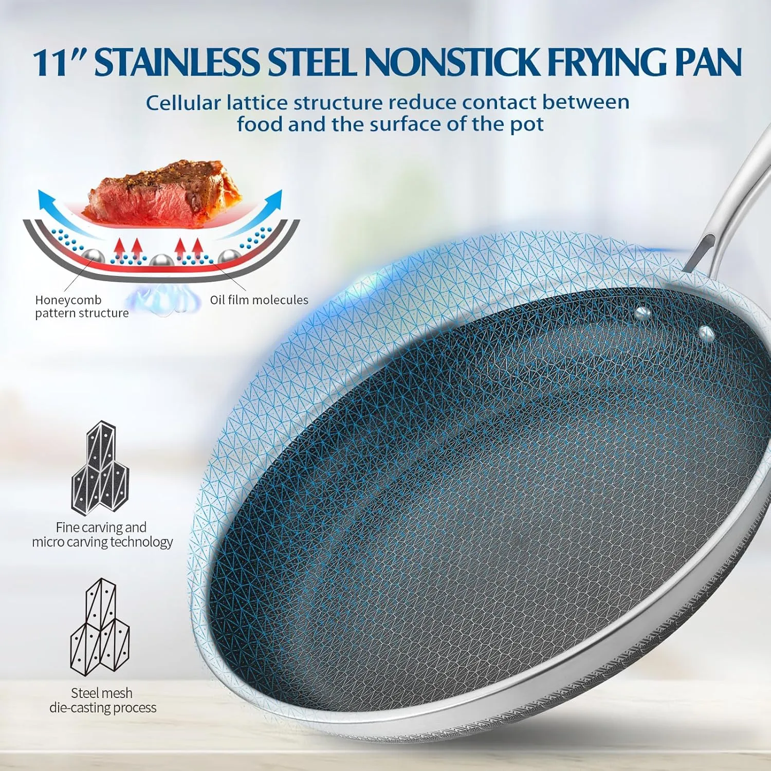Frying Pans Nonstick, 11” Hybrid Stainless Steel Non Stick Frying Pans for Kitchen and Camping - Nonstick Cookware - Dishwasher and Oven Safe Skillet for Induction Gas Ceramic.