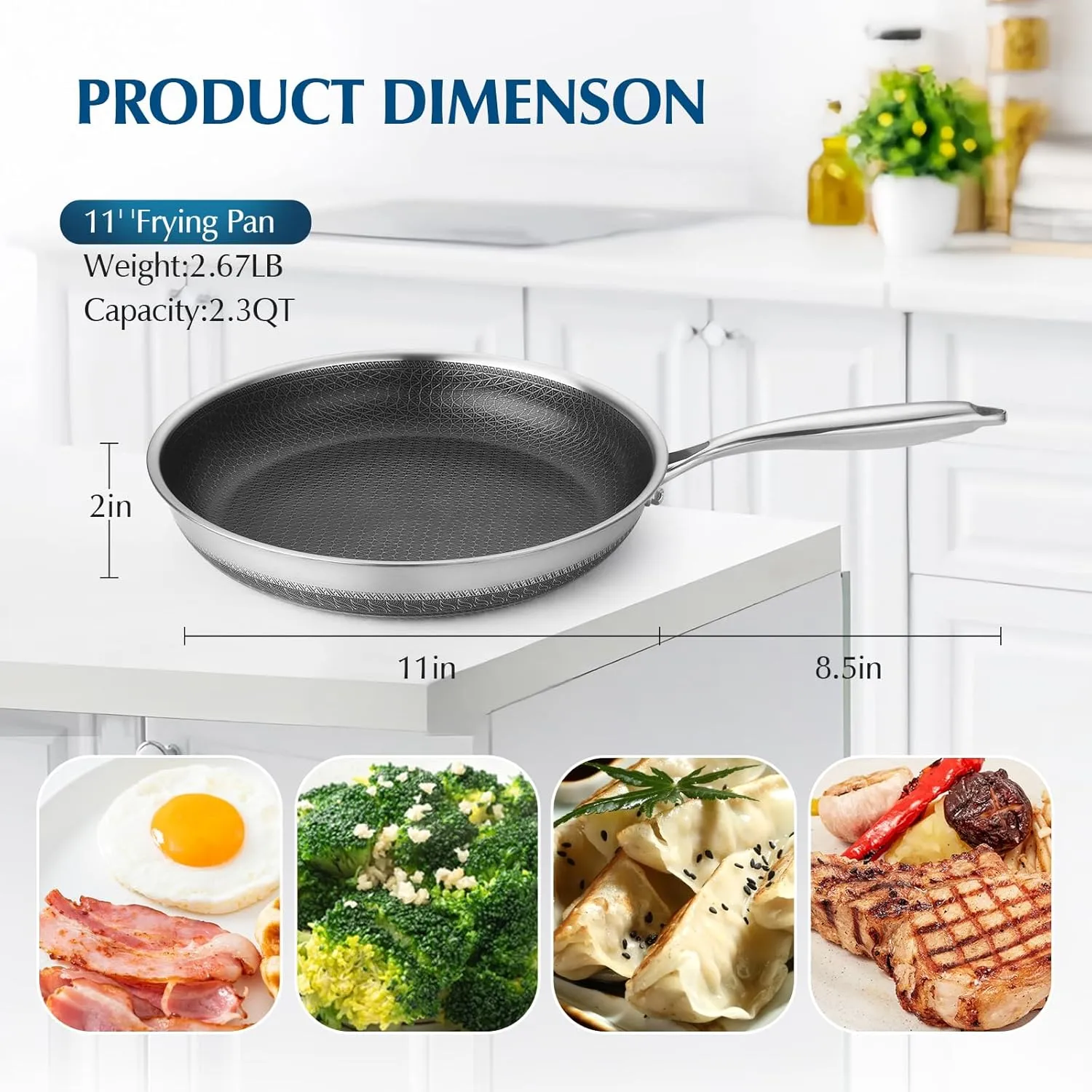 Frying Pans Nonstick, 11” Hybrid Stainless Steel Non Stick Frying Pans for Kitchen and Camping - Nonstick Cookware - Dishwasher and Oven Safe Skillet for Induction Gas Ceramic.