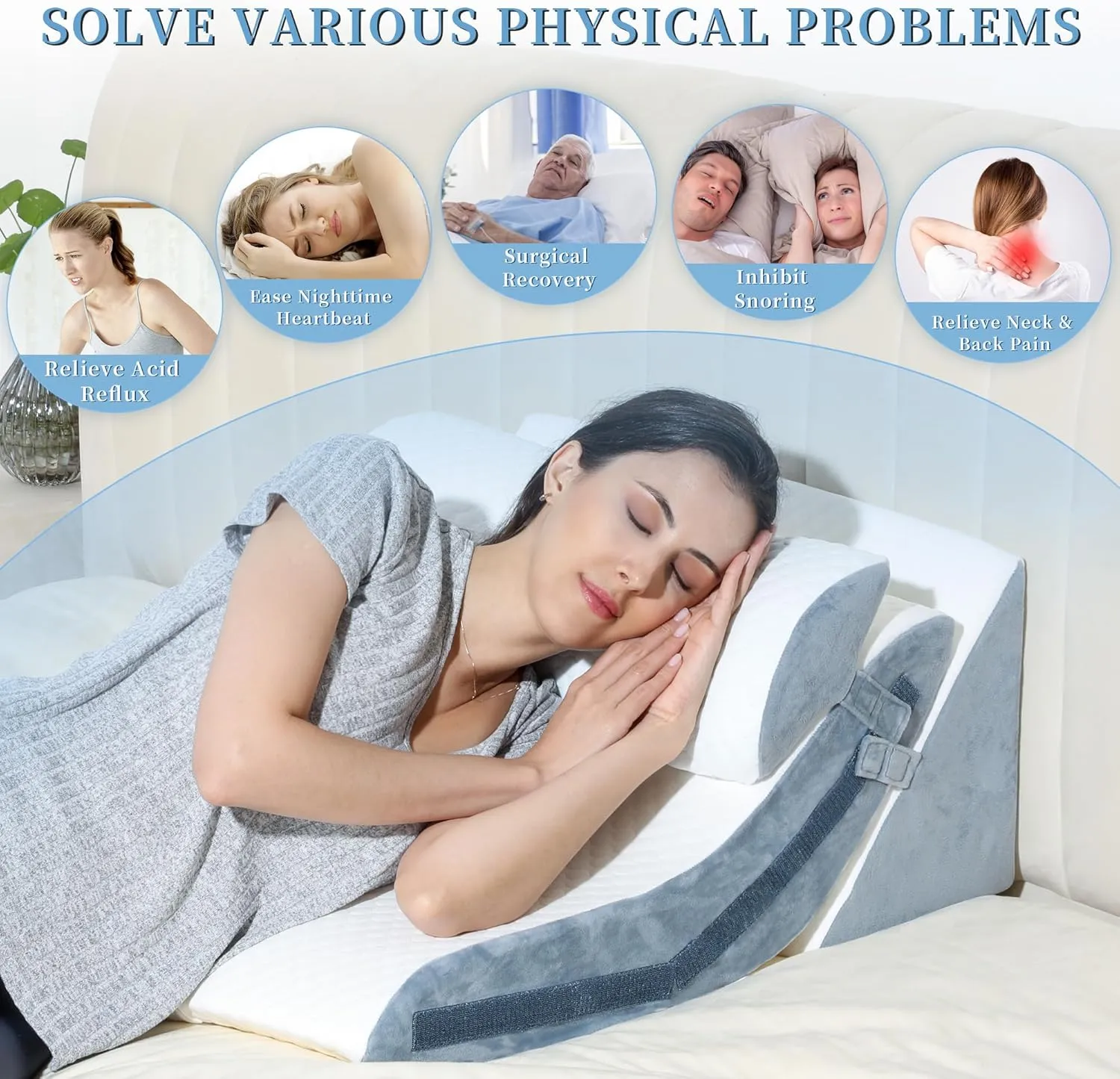 FSCGIFE Bed Wedge Pillow for Sleeping 3PCS, 20-in-1 Adjustable Memory Foam Wedge Pillow for Acid Reflux, 3-in-1 Incline Wedge Pillow for After Surgery, Snoring, Back Pain(Grey)