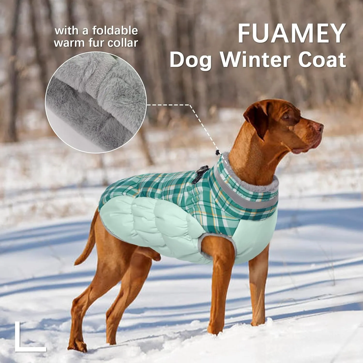 FUAMEY Dog Winter Coat, Jacket with Built-in Harness, Padded Vest, Reflective Clothes for Small to XXXL Dogs, Green Plaid