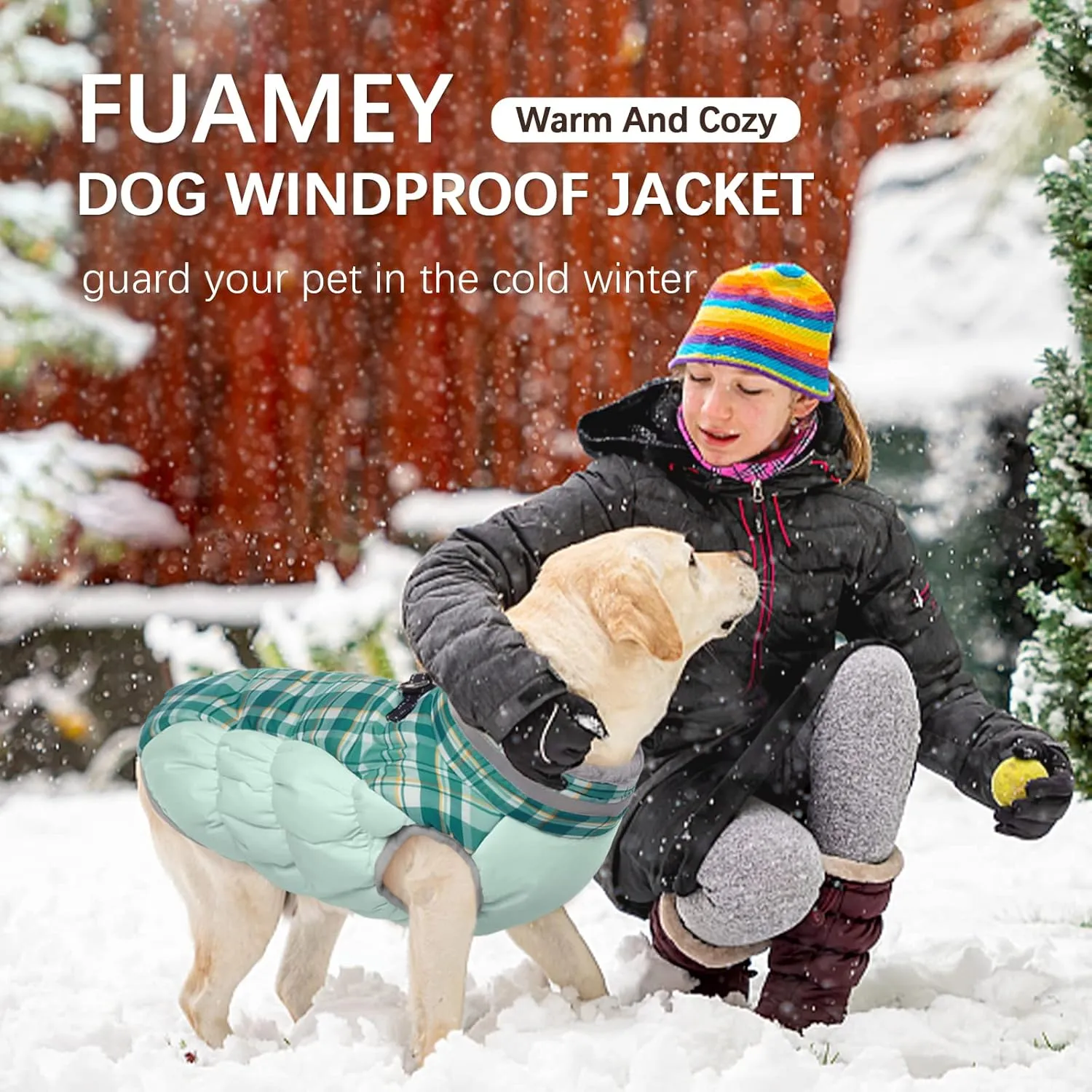 FUAMEY Dog Winter Coat, Jacket with Built-in Harness, Padded Vest, Reflective Clothes for Small to XXXL Dogs, Green Plaid