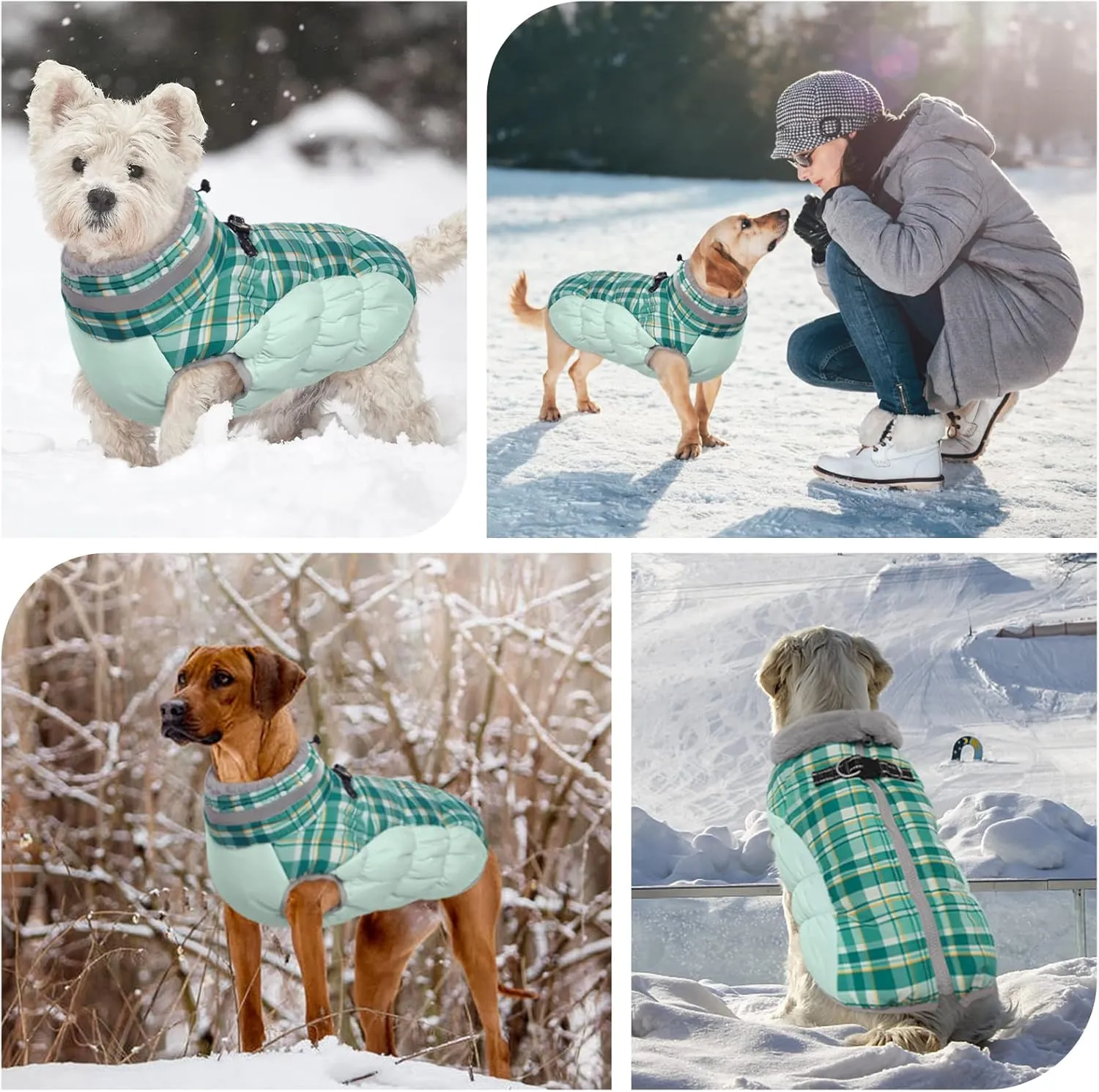 FUAMEY Dog Winter Coat, Jacket with Built-in Harness, Padded Vest, Reflective Clothes for Small to XXXL Dogs, Green Plaid