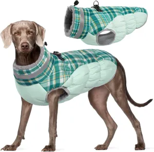 FUAMEY Dog Winter Coat, Jacket with Built-in Harness, Padded Vest, Reflective Clothes for Small to XXXL Dogs, Green Plaid