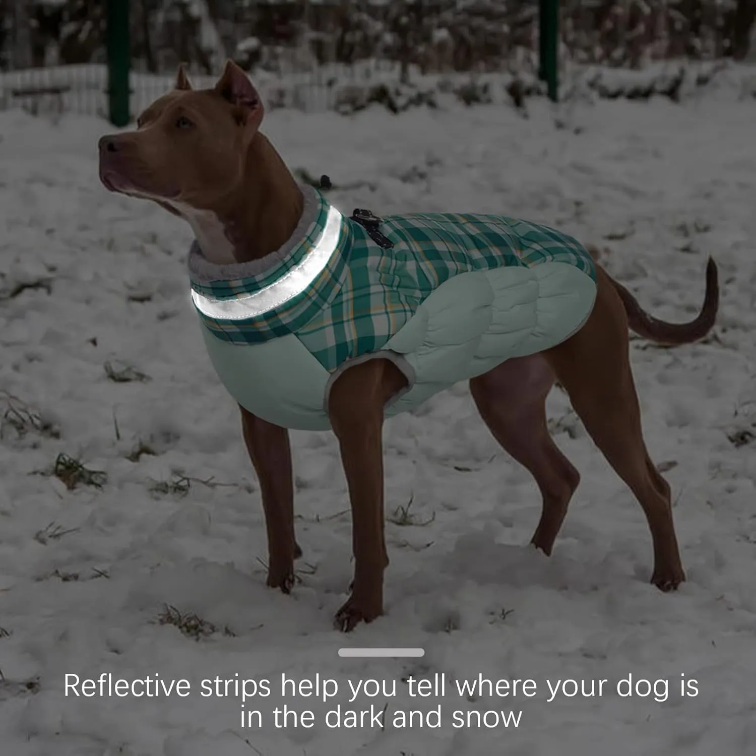 FUAMEY Dog Winter Coat, Jacket with Built-in Harness, Padded Vest, Reflective Clothes for Small to XXXL Dogs, Green Plaid