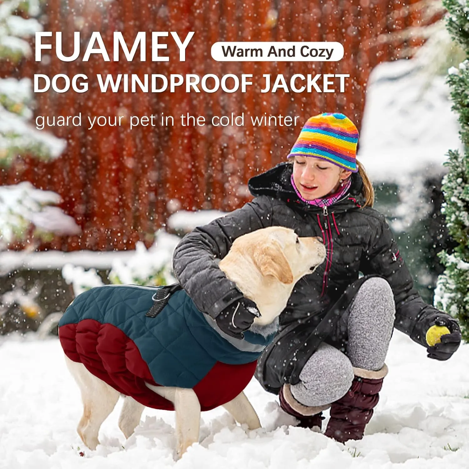 FUAMEY Dog Winter Jacket - Cold Weather Padded Dog Vest with Harness. Water Resistant Coat, Dark Blue M