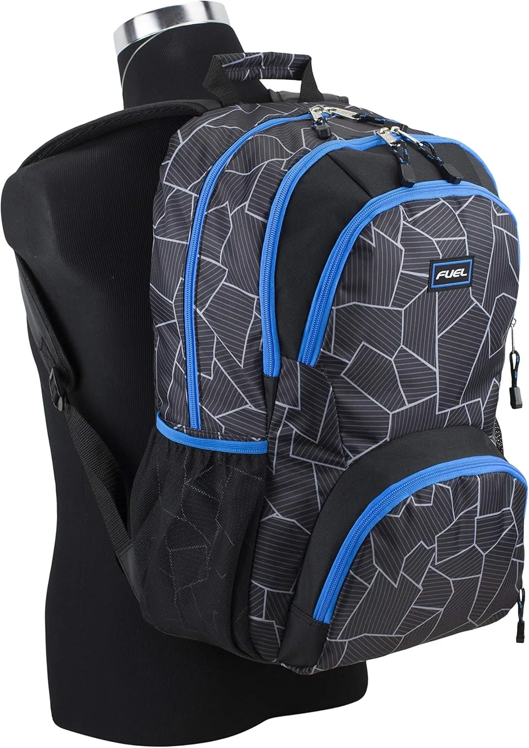 FUEL Travel Commuter Laptop Daypack Large Bag Backpack, Fits 17.5" Laptop, Interior Tech Sleeve, Blue/Geo Cracks Print