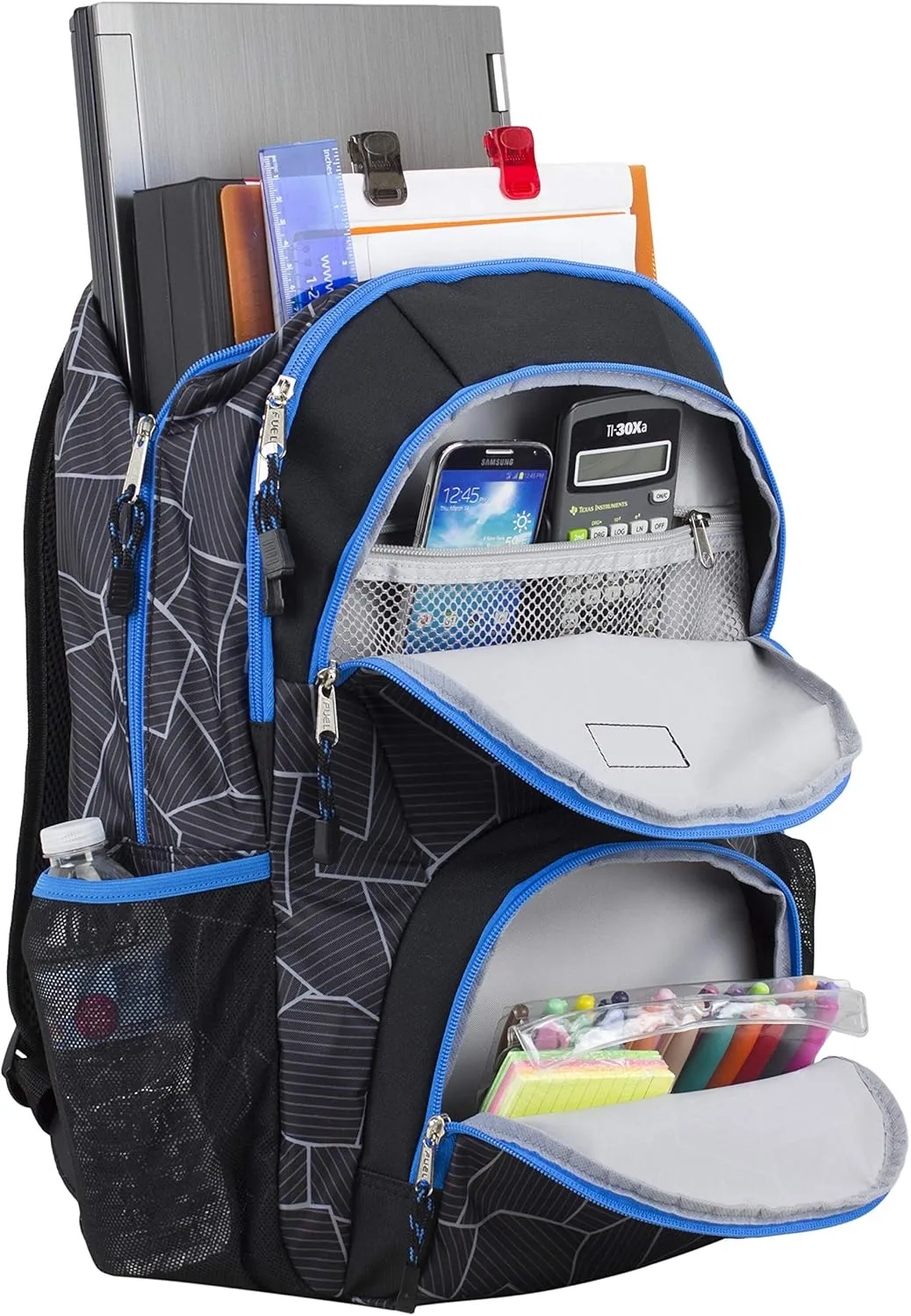 FUEL Travel Commuter Laptop Daypack Large Bag Backpack, Fits 17.5" Laptop, Interior Tech Sleeve, Blue/Geo Cracks Print