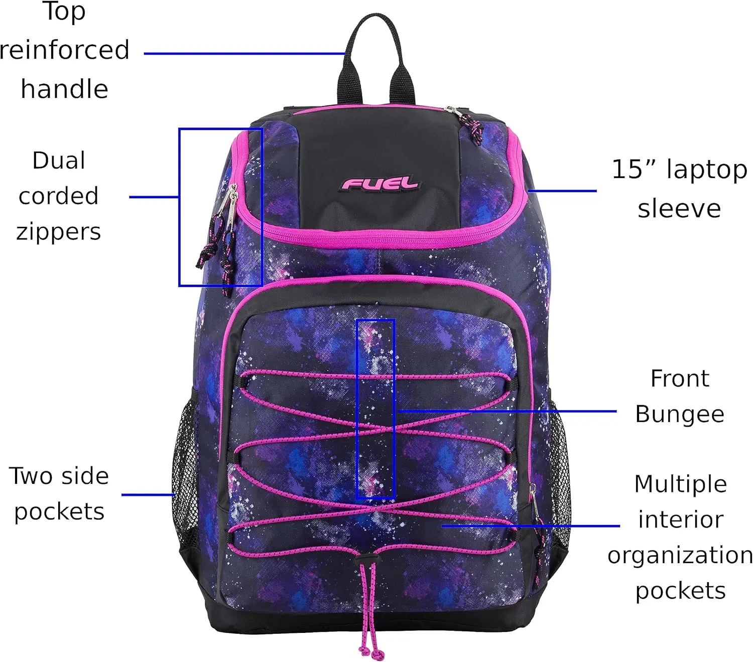 FUEL Wide Mouth Sports Luggage Backpack with Laptop Compartment for Classroom, Travel, Outdoors, Galaxy Print/Black/Hot Pink Trim