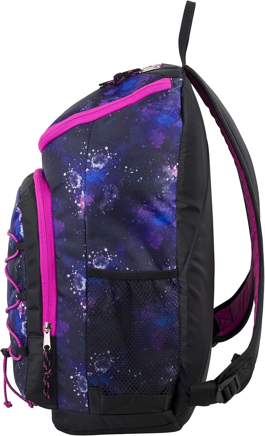 FUEL Wide Mouth Sports Luggage Backpack with Laptop Compartment for Classroom, Travel, Outdoors, Galaxy Print/Black/Hot Pink Trim