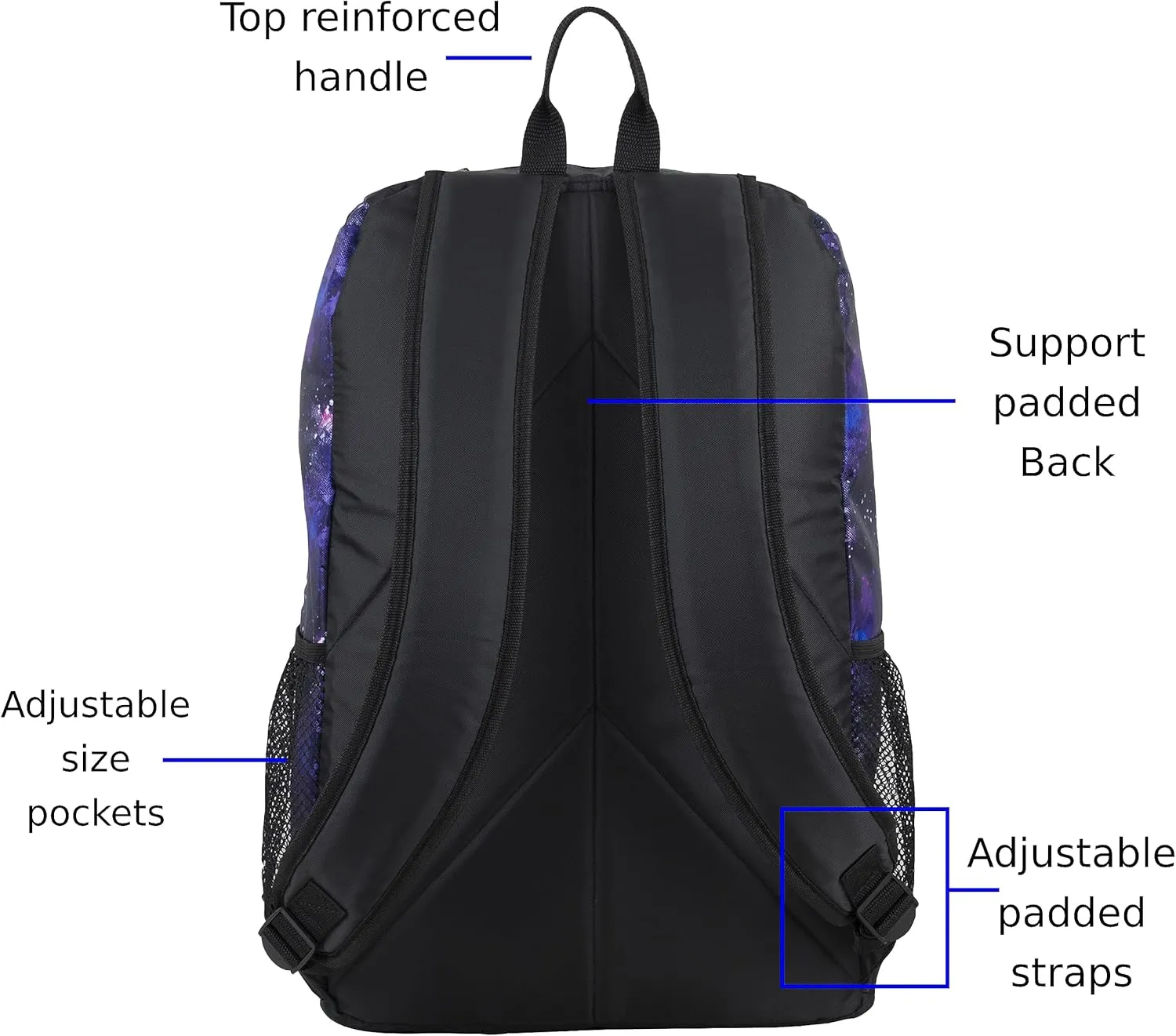FUEL Wide Mouth Sports Luggage Backpack with Laptop Compartment for Classroom, Travel, Outdoors, Galaxy Print/Black/Hot Pink Trim