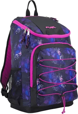 FUEL Wide Mouth Sports Luggage Backpack with Laptop Compartment for Classroom, Travel, Outdoors, Galaxy Print/Black/Hot Pink Trim