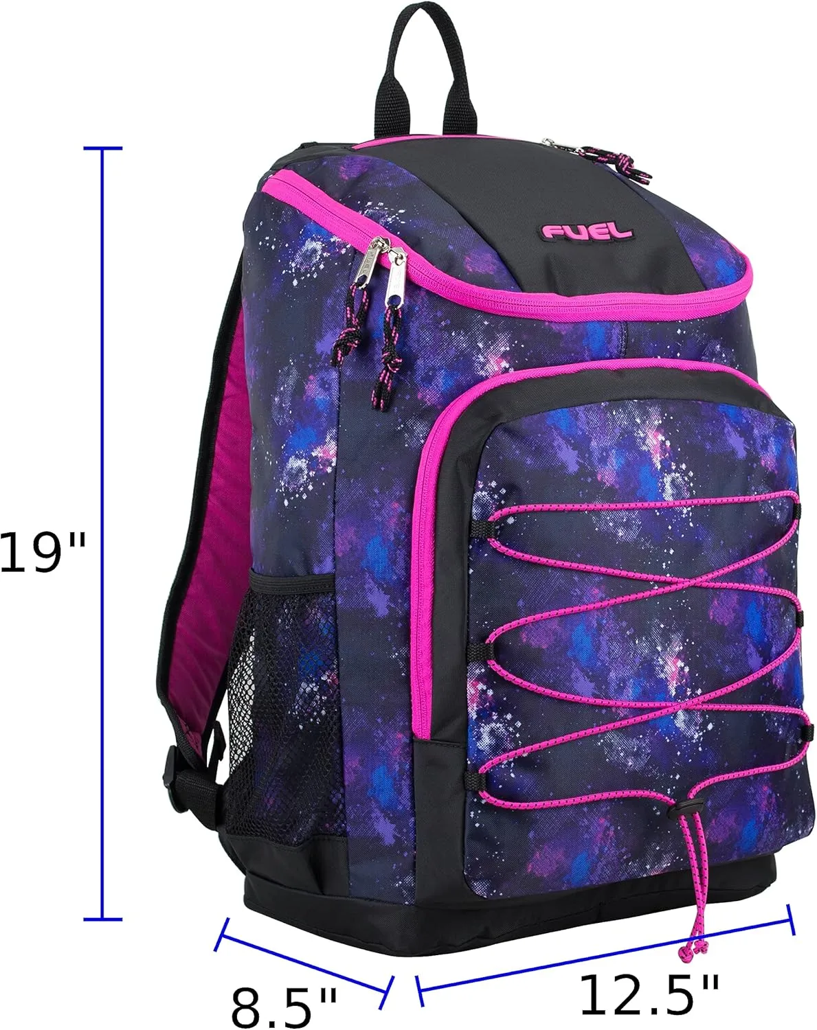 FUEL Wide Mouth Sports Luggage Backpack with Laptop Compartment for Classroom, Travel, Outdoors, Galaxy Print/Black/Hot Pink Trim