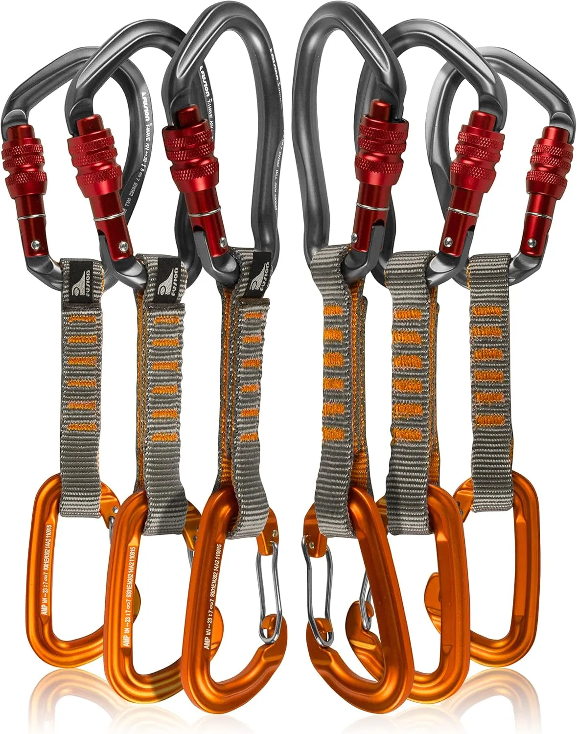Fusion Climb 6-Pack 11cm Quickdraw Set with Techno Wave Screw Gate Carabineer, Burgundy/Orange