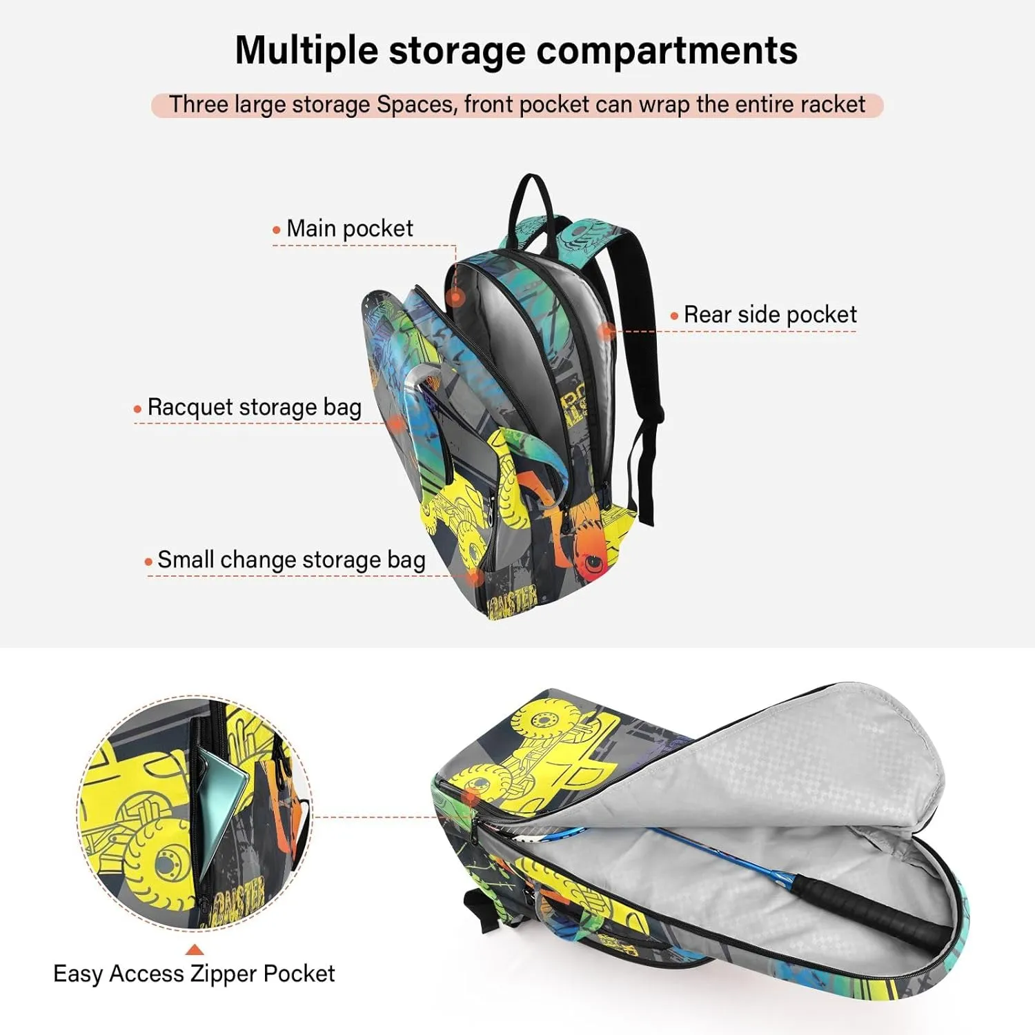 GAIGEO Cool Street Basketball Grey Tennis Backpack, Expandable Tennis Bag 2 Rackets, Sandwich Mesh Back, Breathable not Stuffy