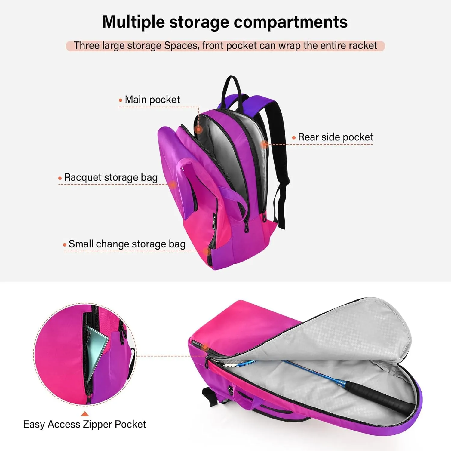 GAIGEO Red Polka Dot Black Tennis Racket Backpack, Expandable Tennis Stuff, Sandwich Mesh Back, Breathable and not Stuffy