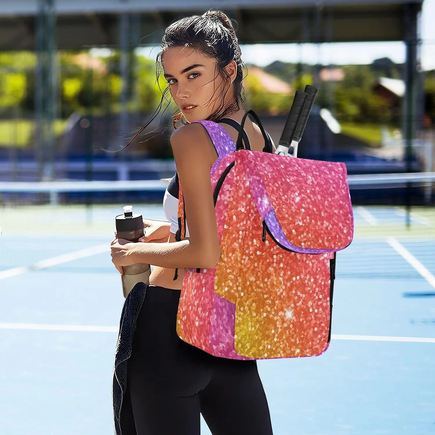GAIGEO Red Polka Dot Black Tennis Racket Backpack, Expandable Tennis Stuff, Sandwich Mesh Back, Breathable and not Stuffy