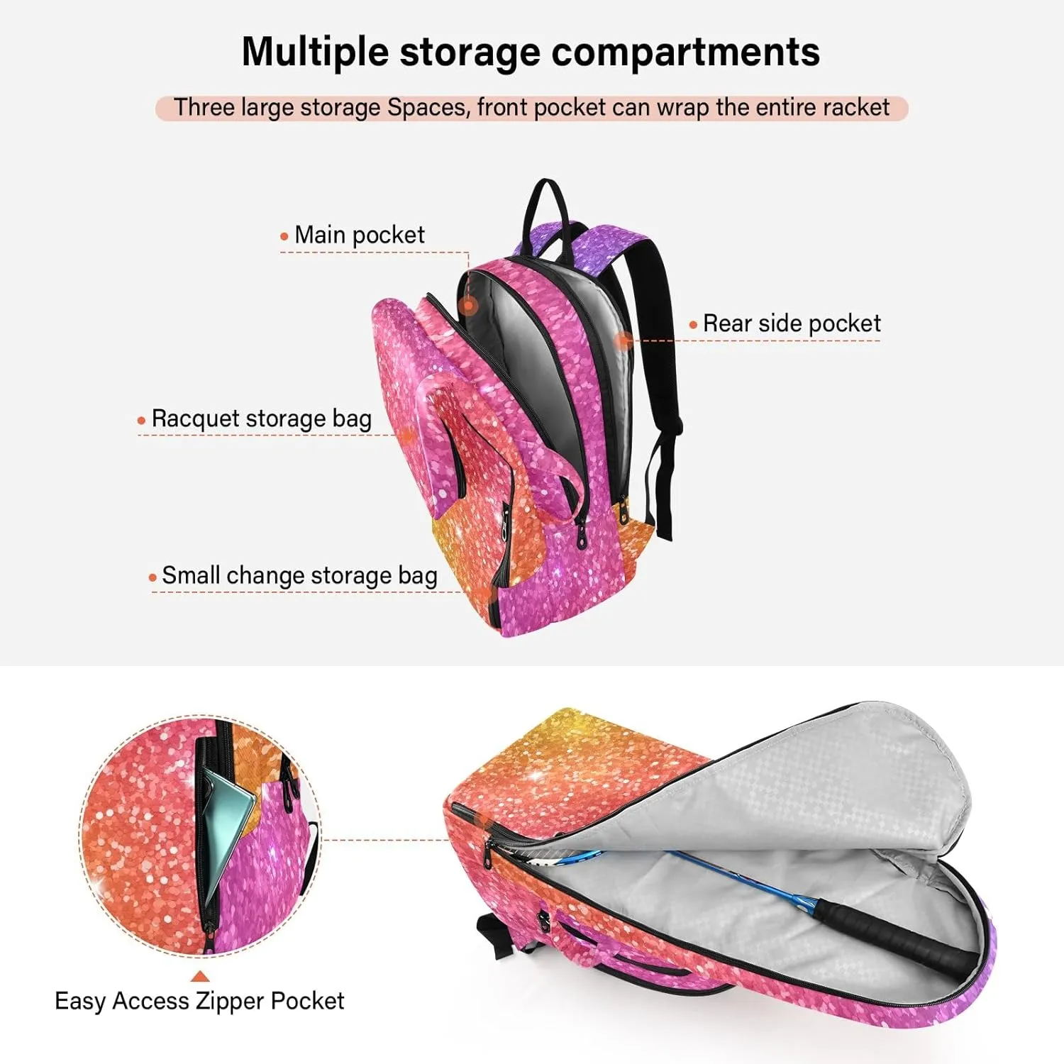 GAIGEO Red Polka Dot Black Tennis Racket Backpack, Expandable Tennis Stuff, Sandwich Mesh Back, Breathable and not Stuffy