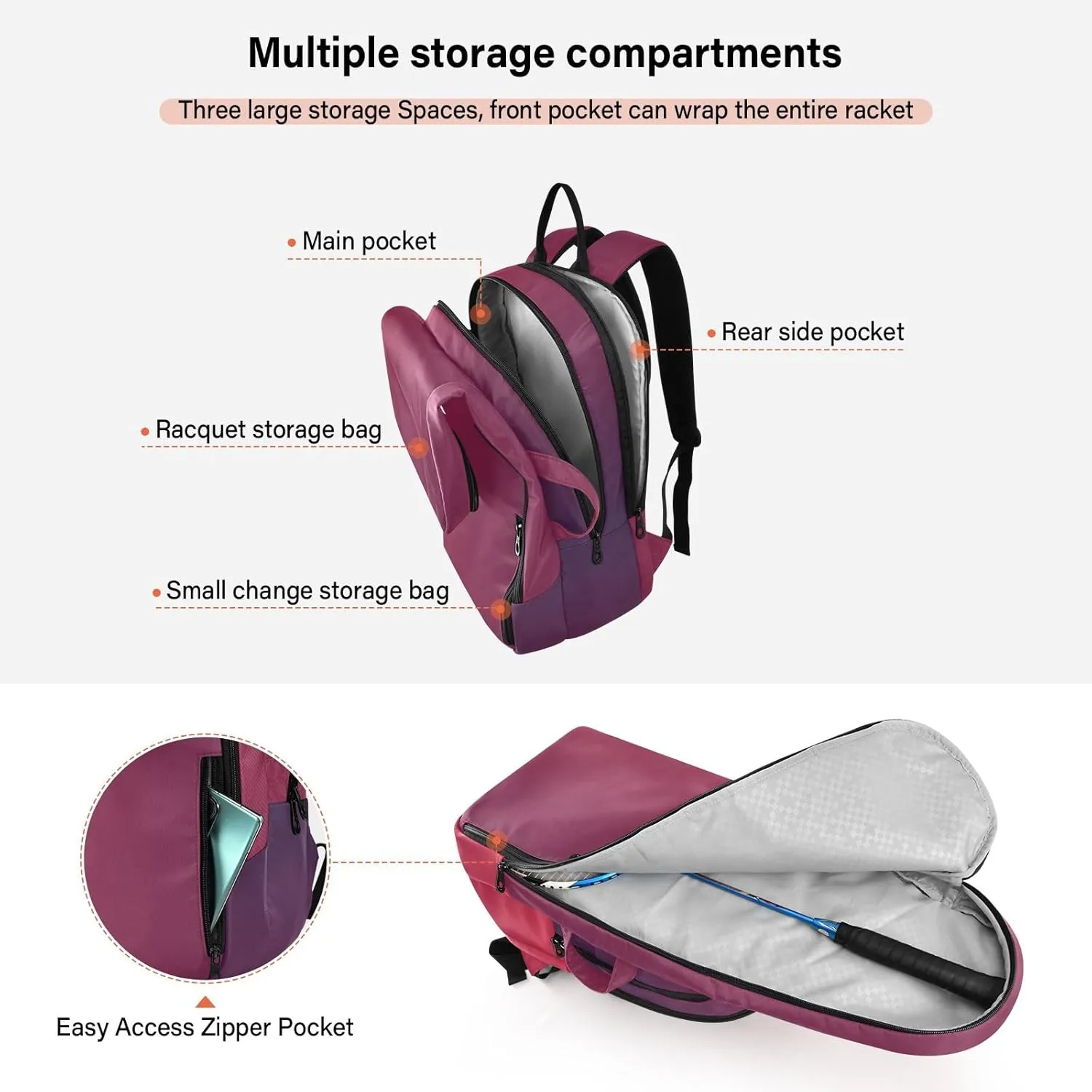 GAIGEO Silver Pink Glitter Tennis Racquet Bag, Multiple Storage Compartments, Foldable Racket Pocket