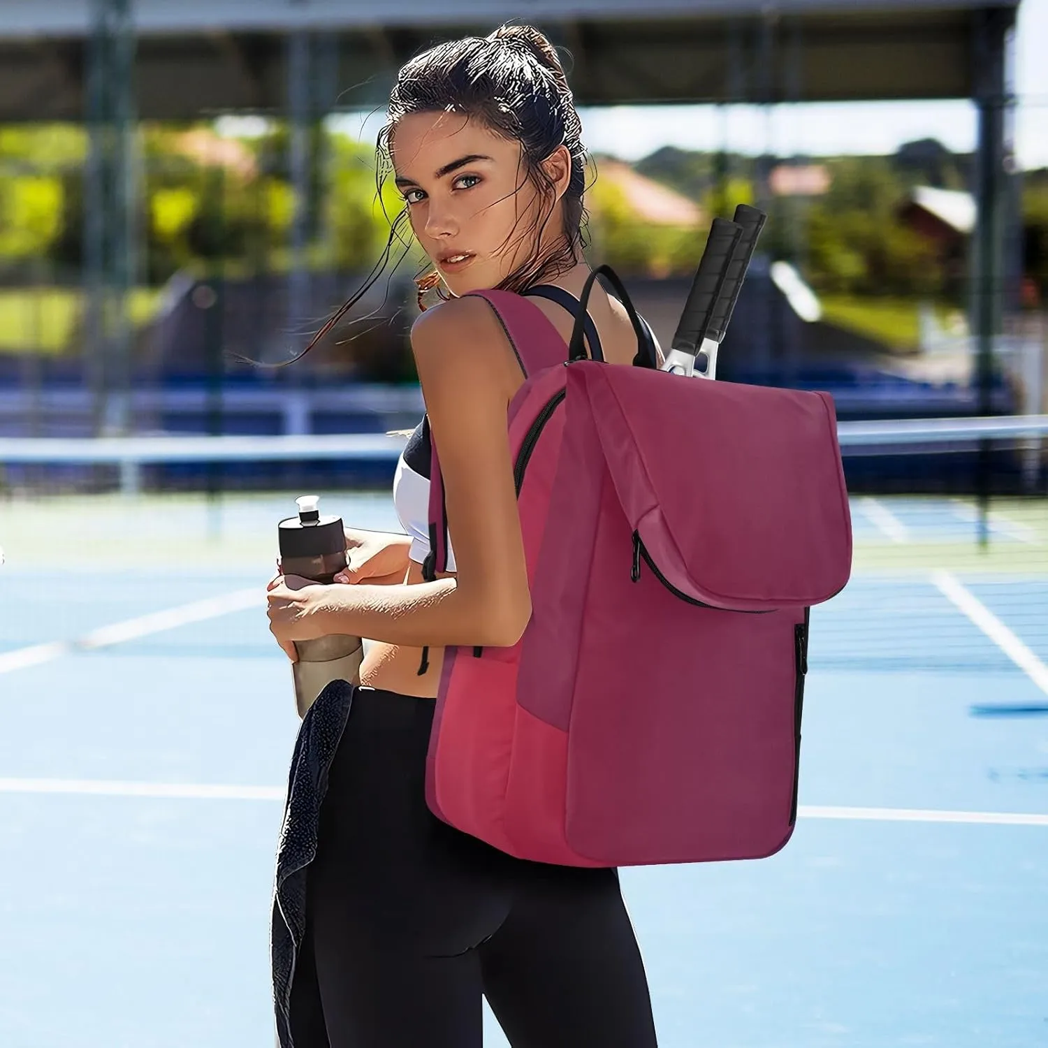 GAIGEO Silver Pink Glitter Tennis Racquet Bag, Multiple Storage Compartments, Foldable Racket Pocket