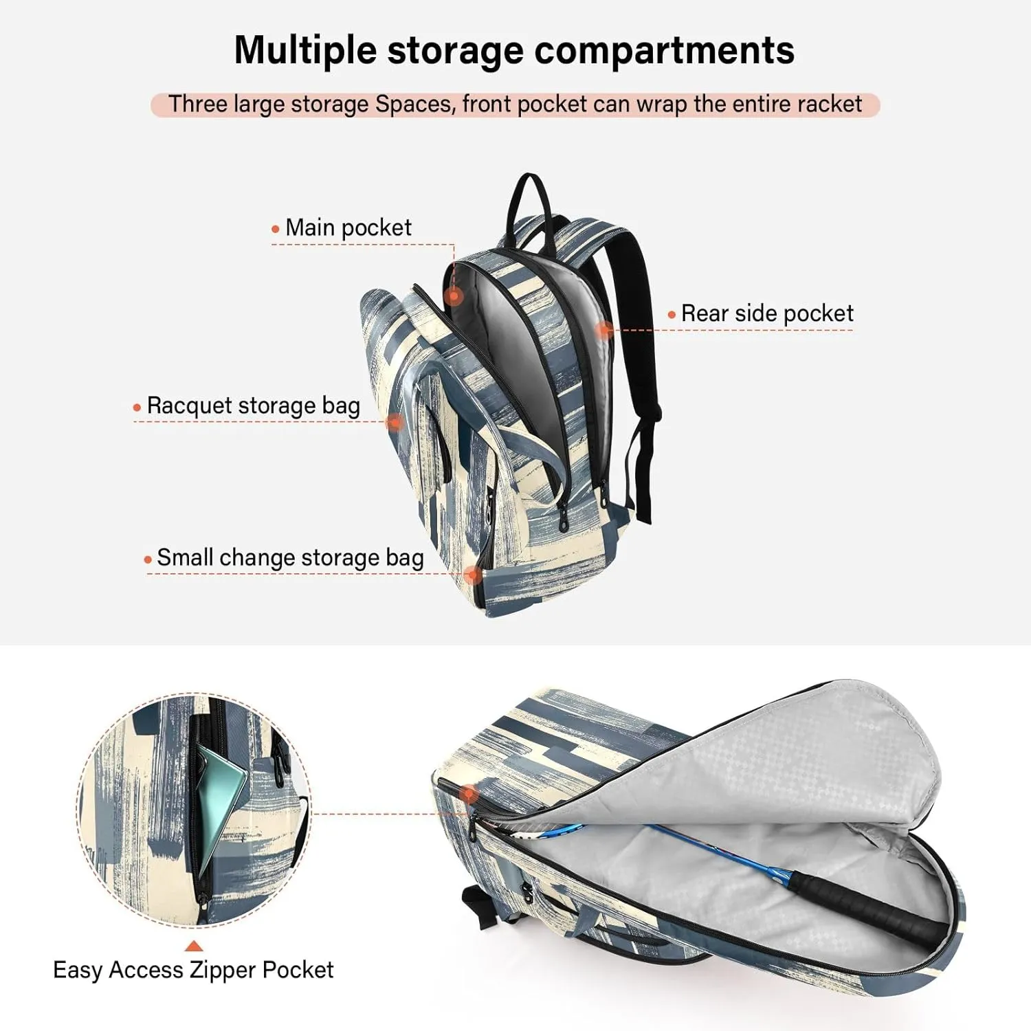 GAIGEO Teal Dragonflies Dark Tennis Backpack, Large Capacity Tennis Racket Bag, Various Storage Methods