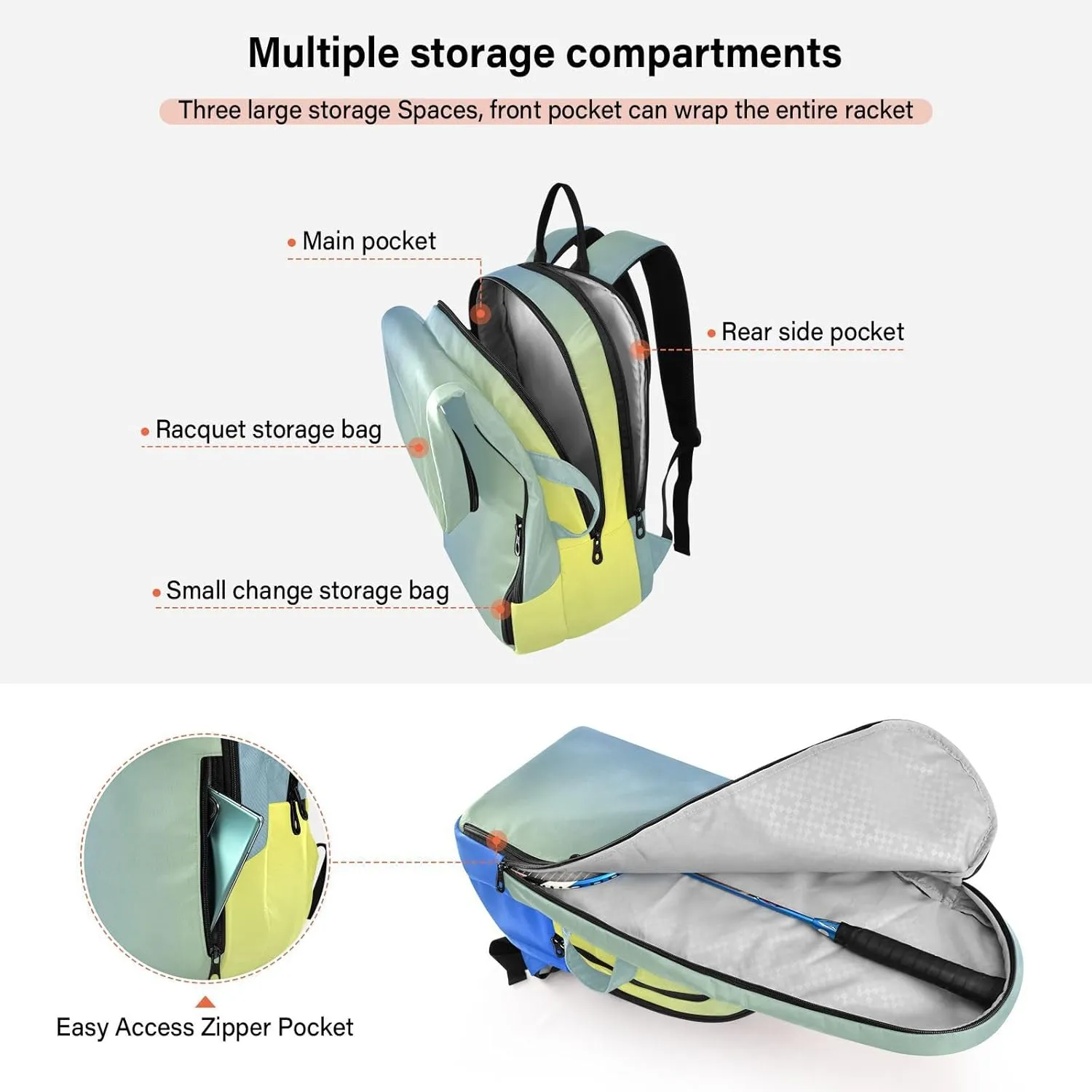 GAIGEO Teal Turquoise Glitter Sparkle Racket Bag, Multilayer Design Pickle Ball Bag, Sports and Daily Use