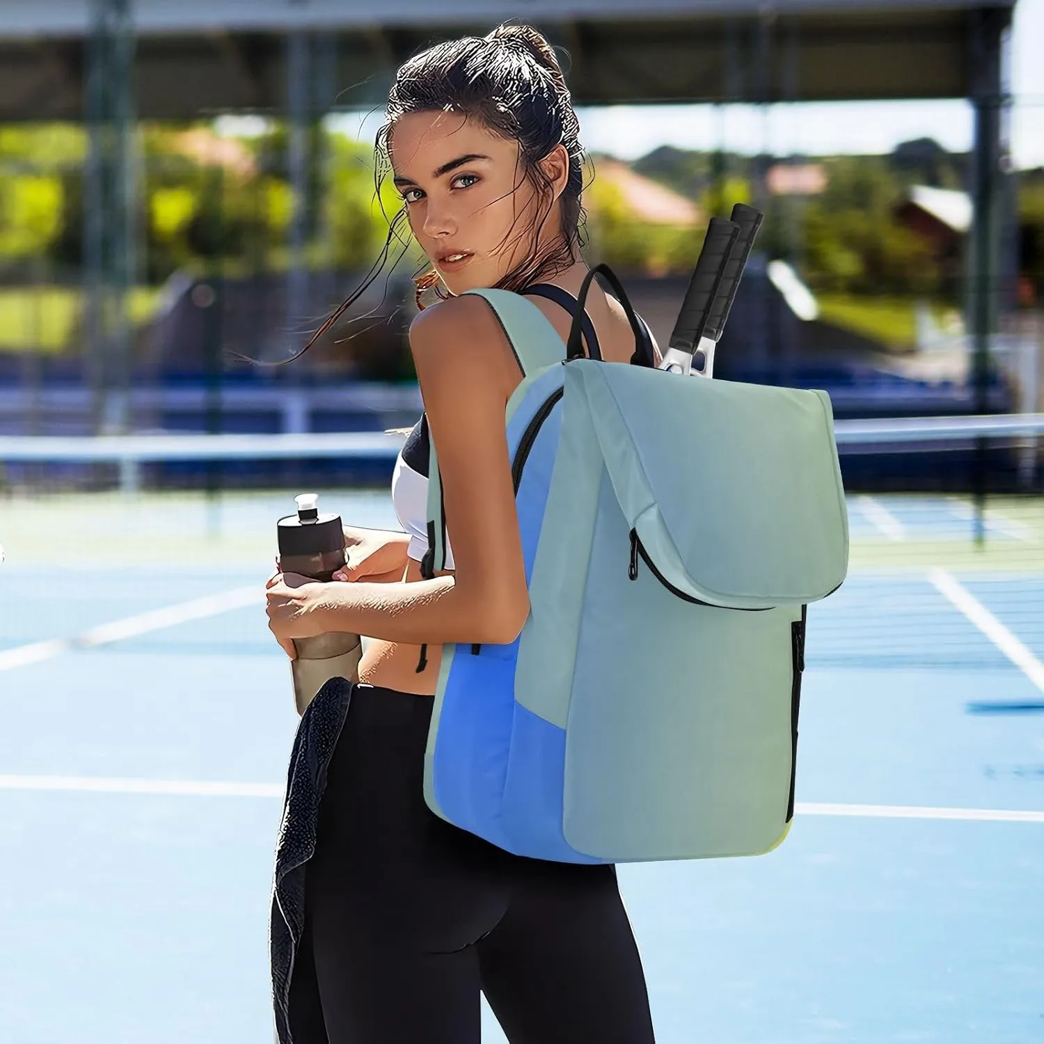 GAIGEO Teal Turquoise Glitter Sparkle Racket Bag, Multilayer Design Pickle Ball Bag, Sports and Daily Use