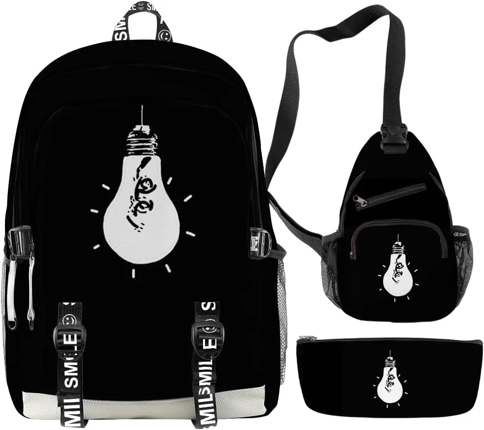 Game Omori Merch Backpack Three-piece Sets Casual Fashion Kpop Bags Travel Daypacks (Black-Three Suit)