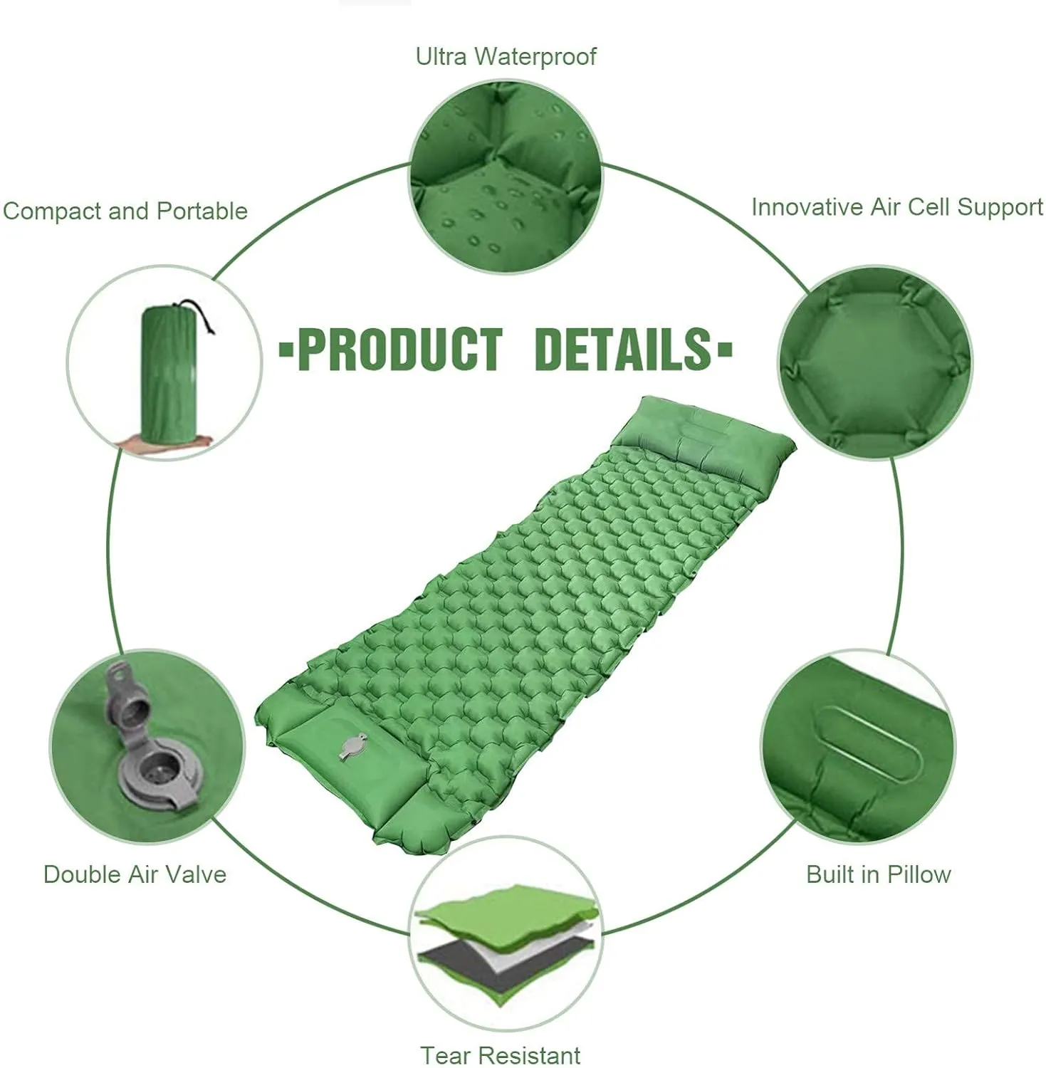 GaRcan Inflatable Sleeping Mattress Camping Mat with Pillow, Inflatable Sleeping Mat Ultralight Inflating Camping Mat, Sleeping Pad with Built-in Air Pump, Ultralight and Small Pack Size (Green S)