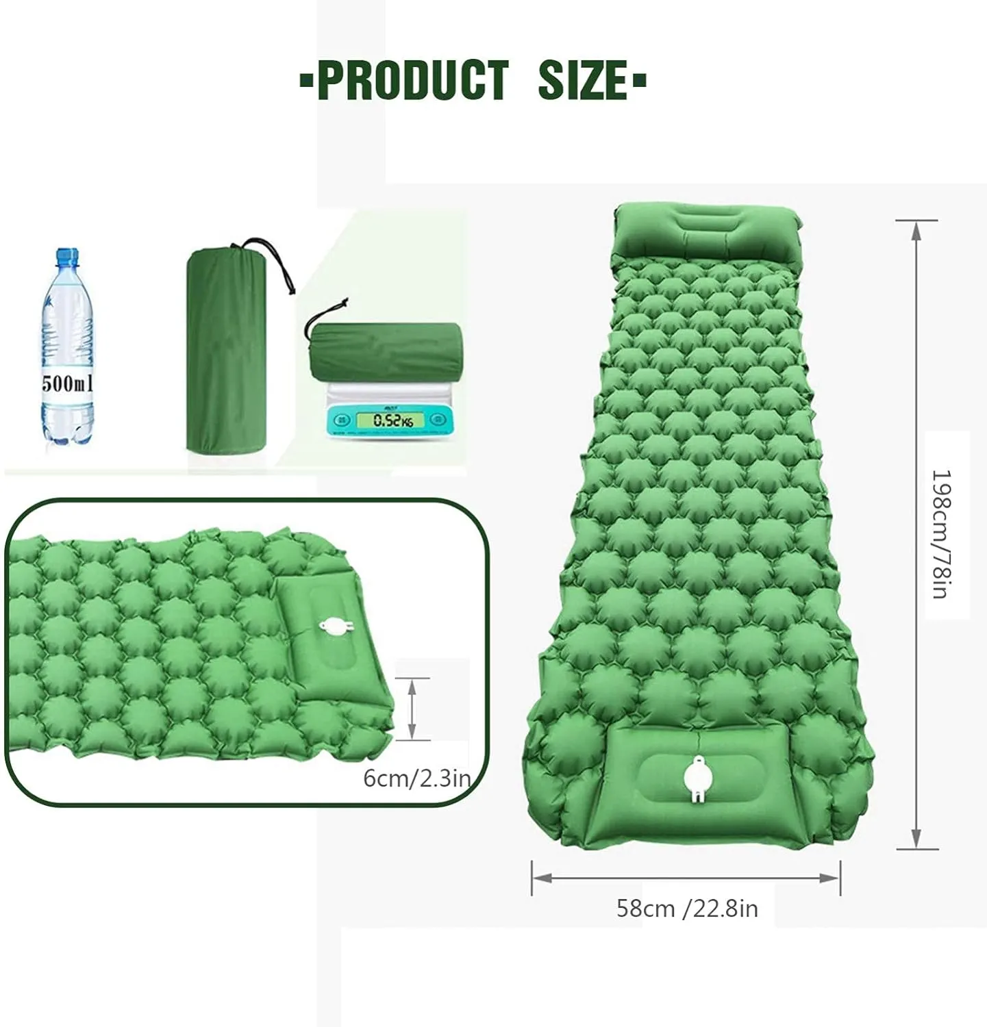 GaRcan Inflatable Sleeping Mattress Camping Mat with Pillow, Inflatable Sleeping Mat Ultralight Inflating Camping Mat, Sleeping Pad with Built-in Air Pump, Ultralight and Small Pack Size (Green S)