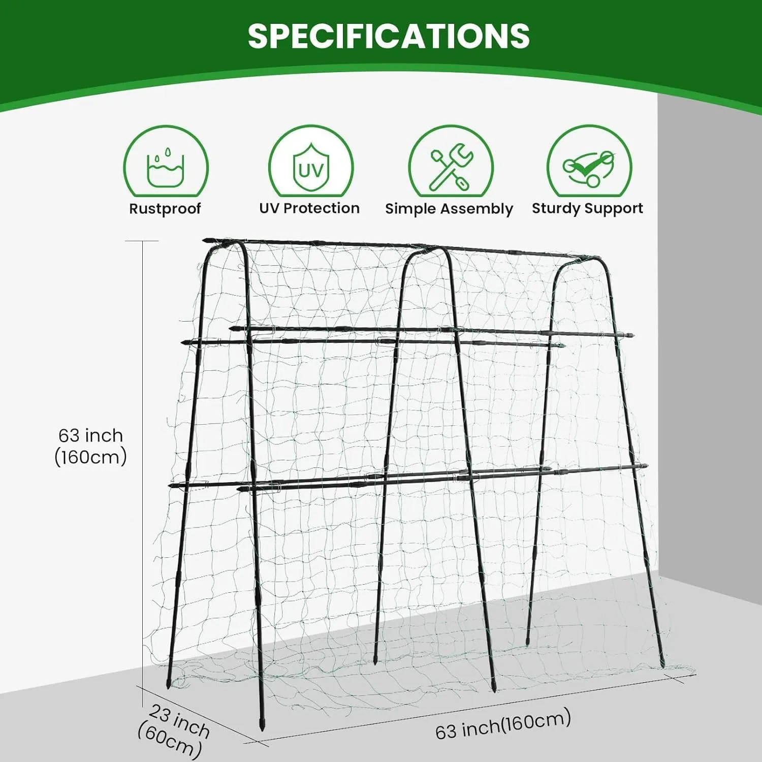 Garden Trellis for Climbing Plants Outdoor, 5.3x5.3ft Cucumber Trellis for Raised Bed, PE-Coated Metal Garden Trellis Climbing Vine Plant Support Vegetables Peas Beans, with Netting, Black