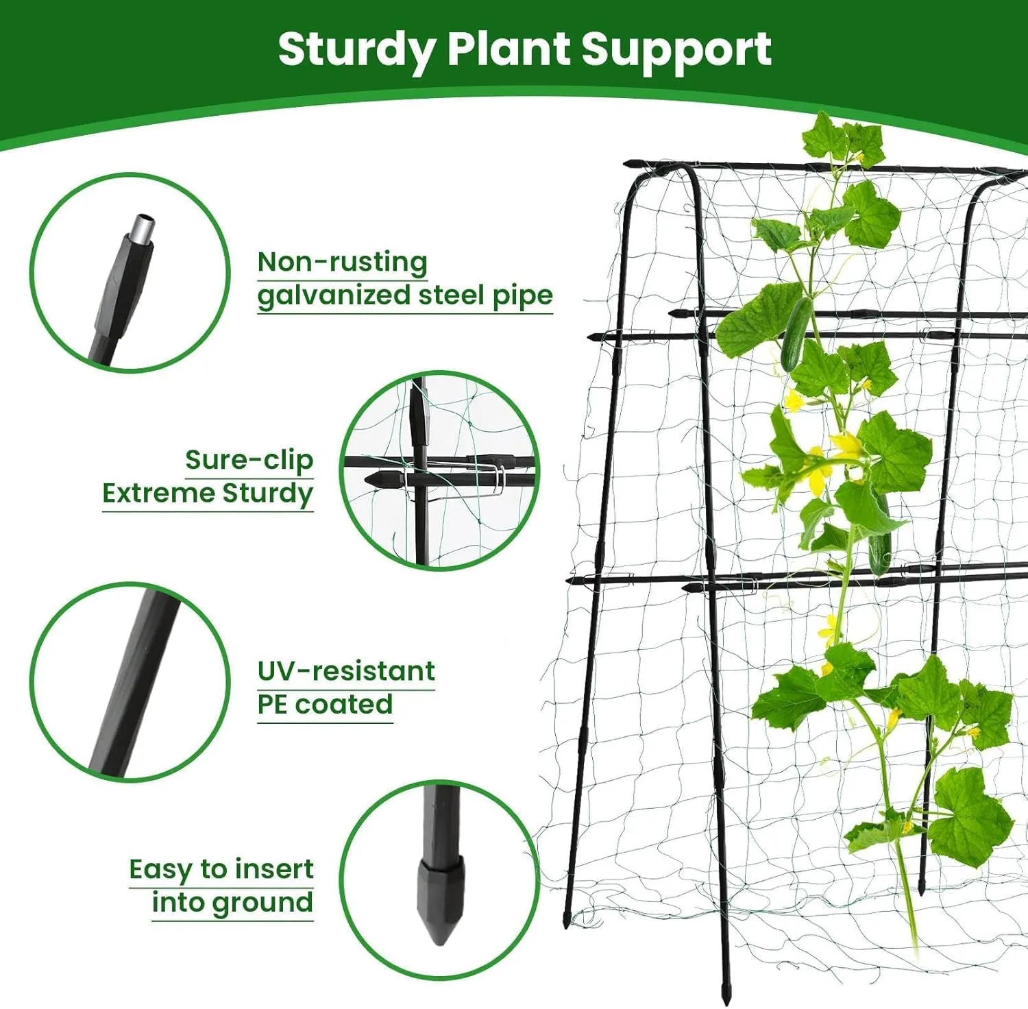 Garden Trellis for Climbing Plants Outdoor, 5.3x5.3ft Cucumber Trellis for Raised Bed, PE-Coated Metal Garden Trellis Climbing Vine Plant Support Vegetables Peas Beans, with Netting, Black