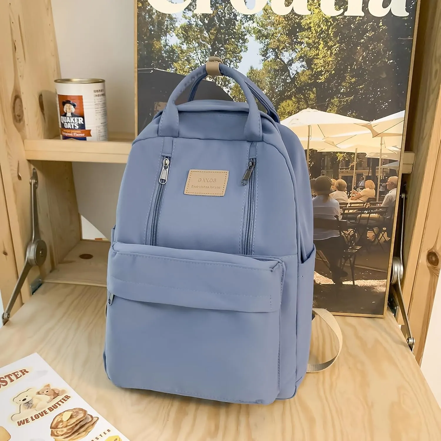GAXOS Cute Backpack for School Aesthetic Backpack Purse for Women Girls Blue Book Bag Korea Style Bookbag