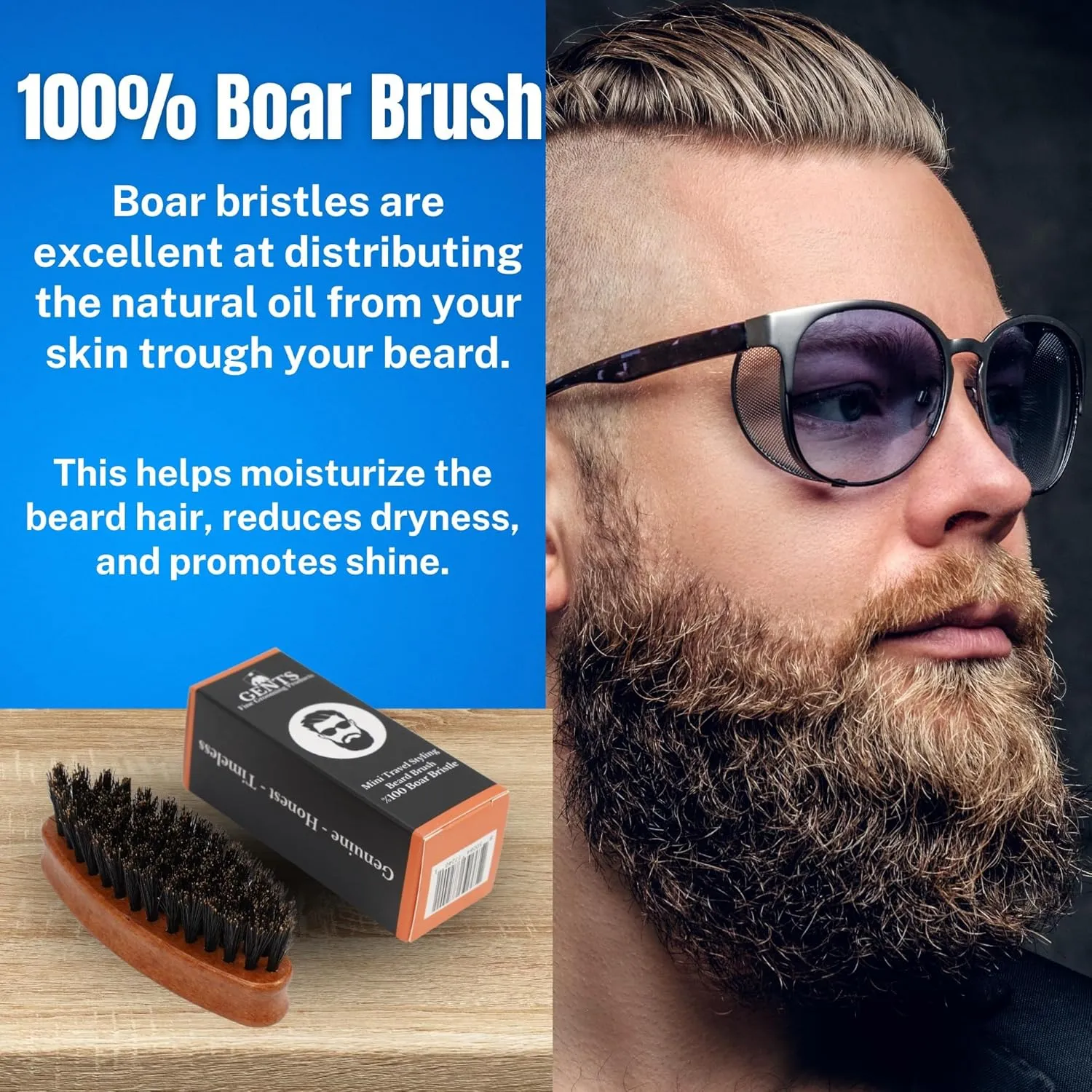 Gents Wood Small Travel Beard Brush - Natural Boar Bristles with Wooden Grooved Handle Mini Size Portable (Small, 3, Count)