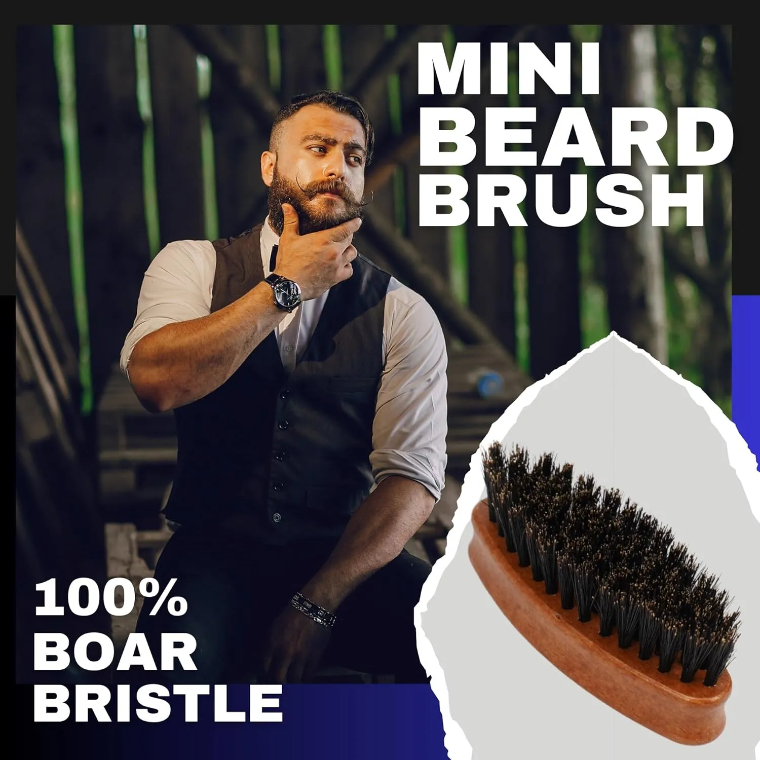 Gents Wood Small Travel Beard Brush - Natural Boar Bristles with Wooden Grooved Handle Mini Size Portable (Small, 3, Count)