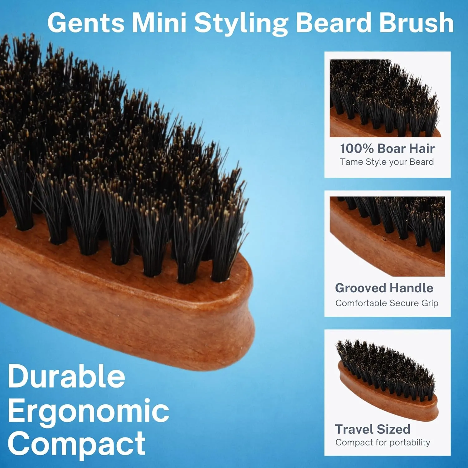 Gents Wood Small Travel Beard Brush - Natural Boar Bristles with Wooden Grooved Handle Mini Size Portable (Small, 3, Count)