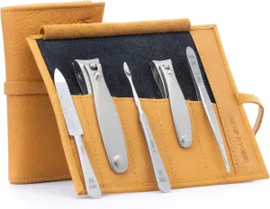 GERMANIKURE 5pc Manicure Set in Yellow Leather Case - Made in Solingen Germany, FINOX Stainless Steel Tools – Professional Quality Compact Nail Grooming Kit