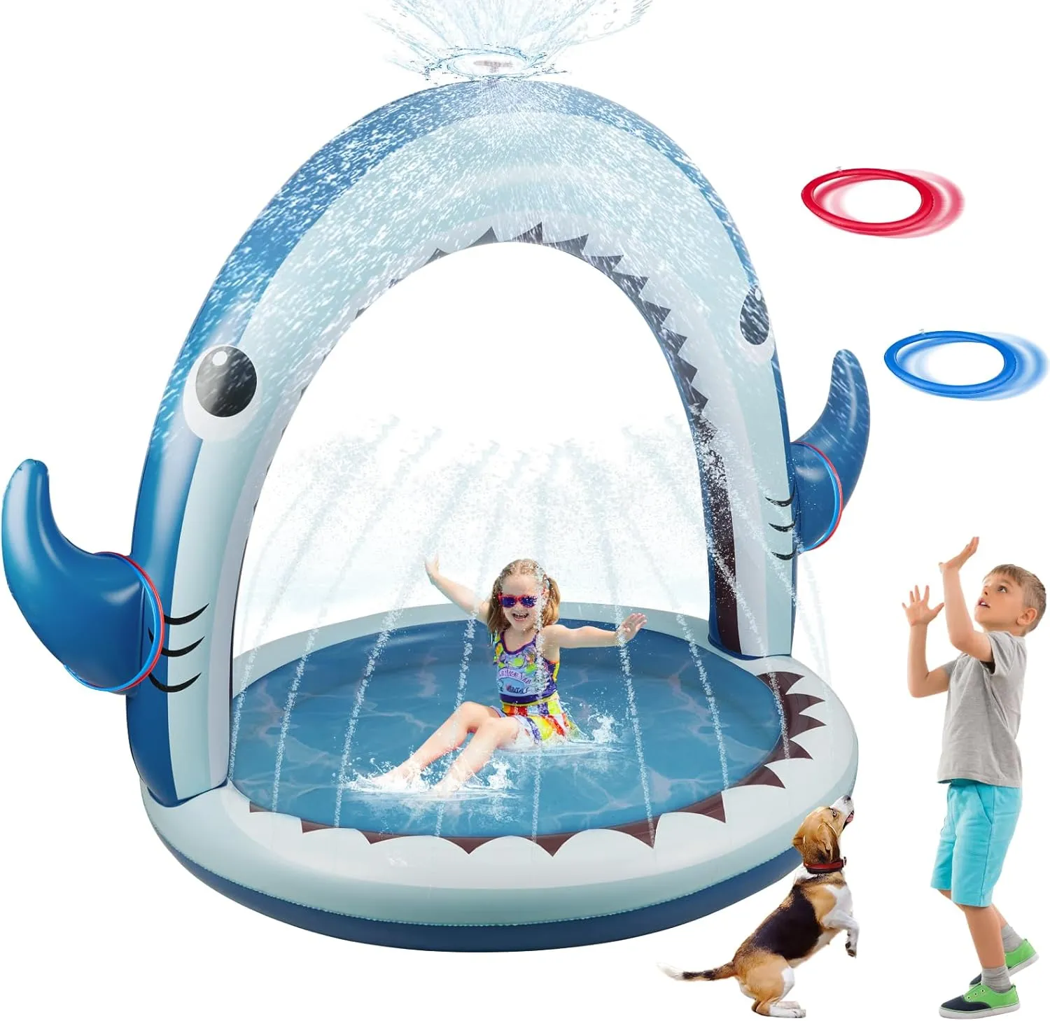 Giant Shark Sprinkler for Kids - Inflatable Water Toys Splash Pad with 360° Spray,4 PCS Plastic Toss Rings,Outside Water Play for Yard,Fun Sprinkler Summer Game Gift for Boys or Girls Ages 3-8